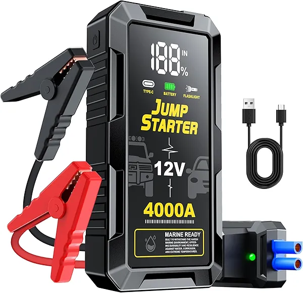 Car Jump Starter 4000A, 12V Jump Starter Battery Pack (All Gas,up to 10.0L Diesel Engine) Jumper Cables Portable Lithium Jump Box, USB Output and LED Light