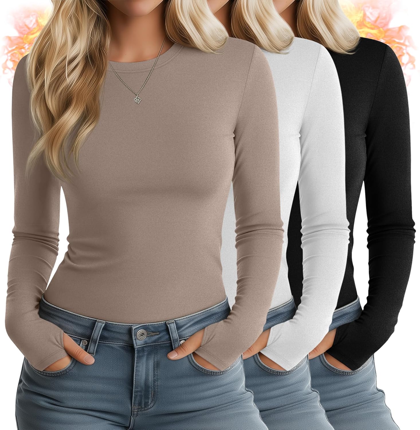 Huukeay 3 Pack Women's Thermal Shirts with Thumb Holes Long Sleeve Basic Tops Slim Fit T-Shirts Casual Soft Fleece Layer
