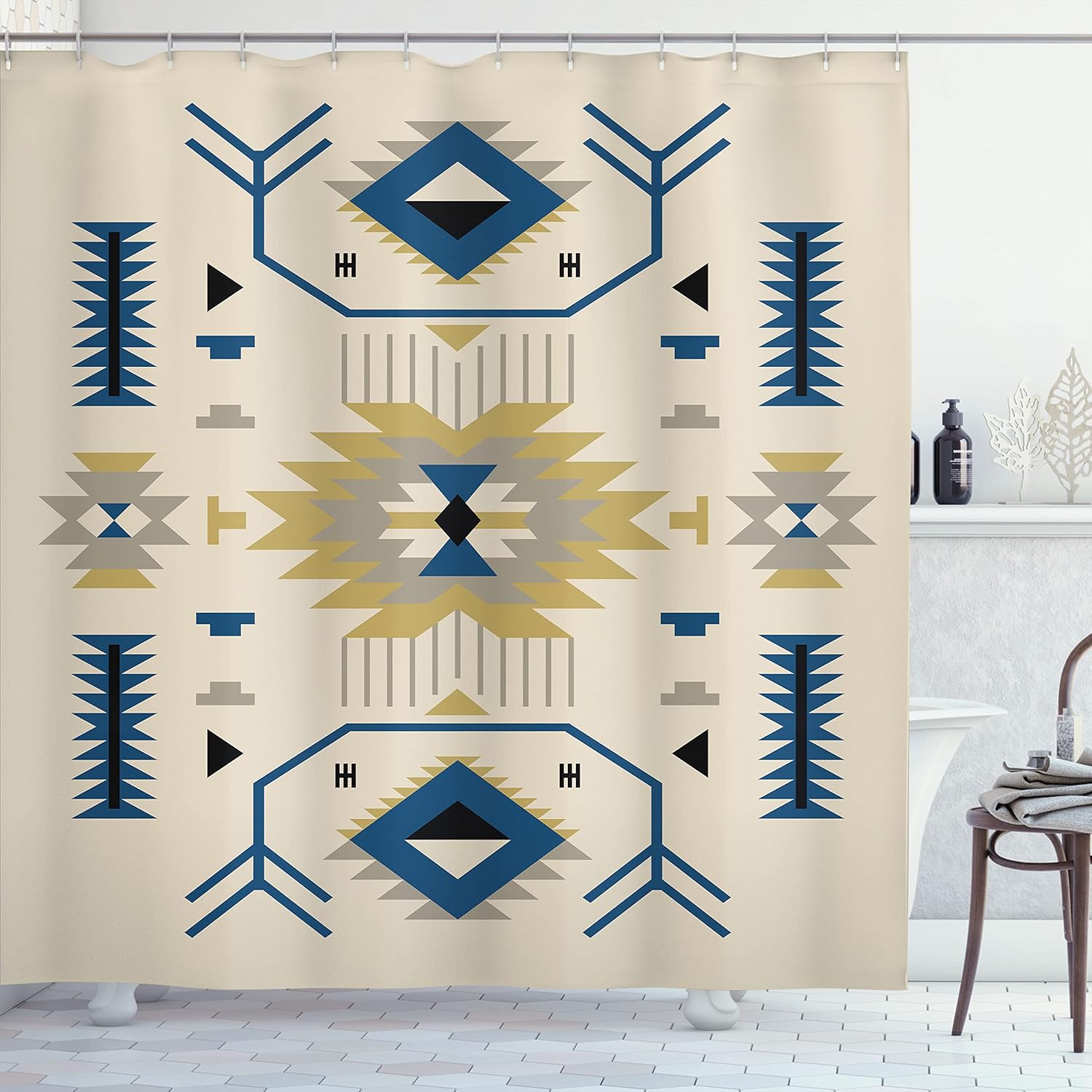 Ambesonne Southwestern Shower Curtain, Ethnic Illustration of a Zigzags Design Triangular Iconic Artwork Motifs, Cloth Fabric Bathroom Decor Set with Hooks, 69" W x 75" L, Dark Sky