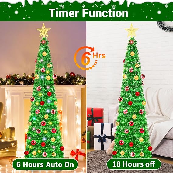 HISFFOG 2PCS 5FT Pop Up Christmas Tinsel Tree with 8 Rmote Lights Modes (Red & White) & Green