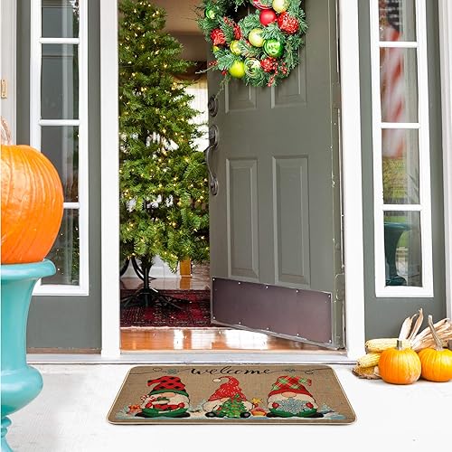 Miniatura 6 de Tapete de Navidad con gnomo de bienvenida, tapete decorativo de Navidad, antideslizante y lavable, tapete de goma de invierno con copos de nieve y