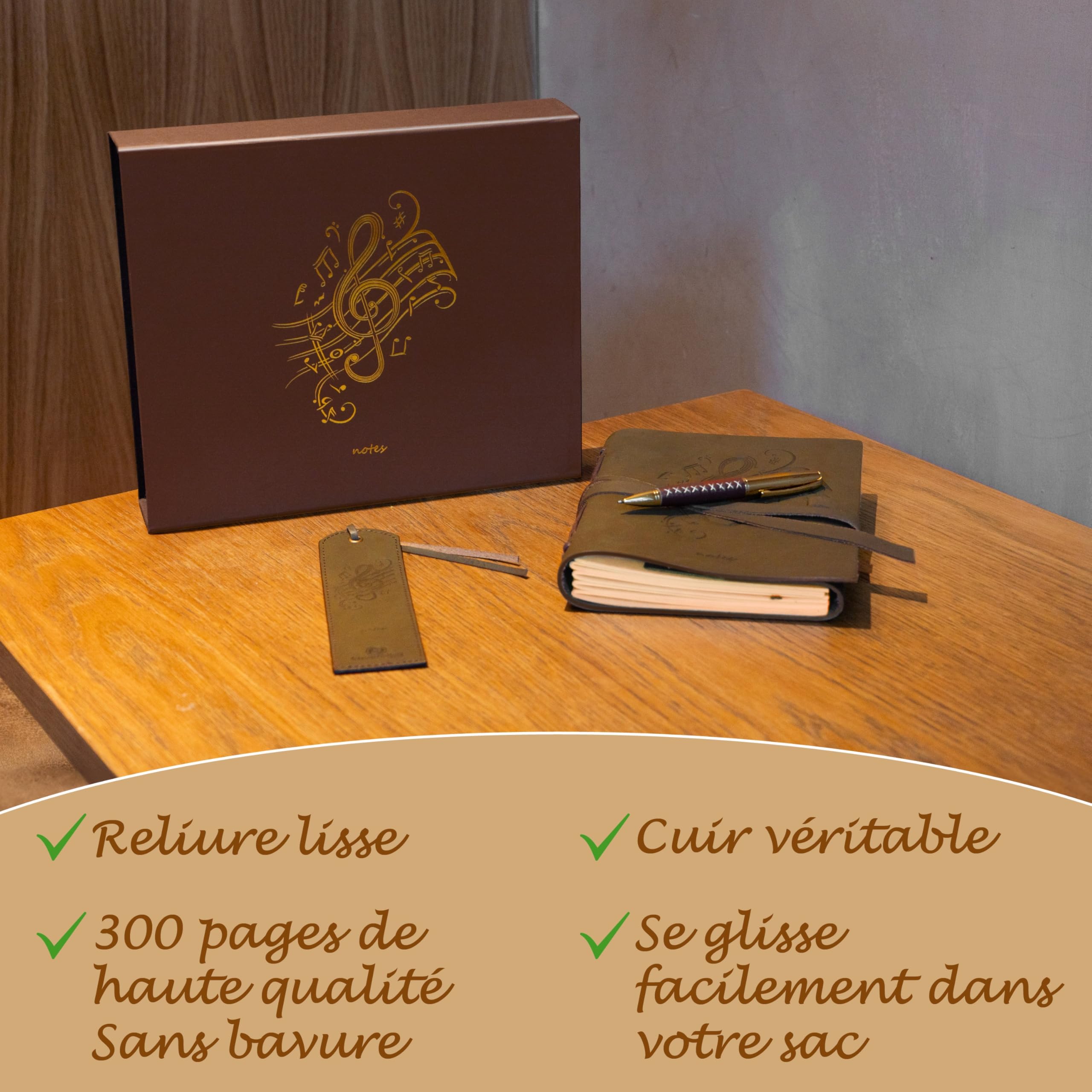Coffret journal cuir Sovereign-Gear – Motif notes de musique en relief – Carnet buffle fait main 8x6" avec stylo et marque-page – Journal vintage non ligné, cadeau haut de gamme homme/femme.
