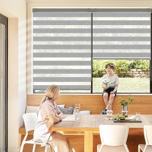 Miniatura 2 de SHECUTE Persianas enrollables Zebra para ventanas, 25 x 72 pulgadas, cortinas enrollables de cebra beige arena, filtran la luz, 50% opacas, para