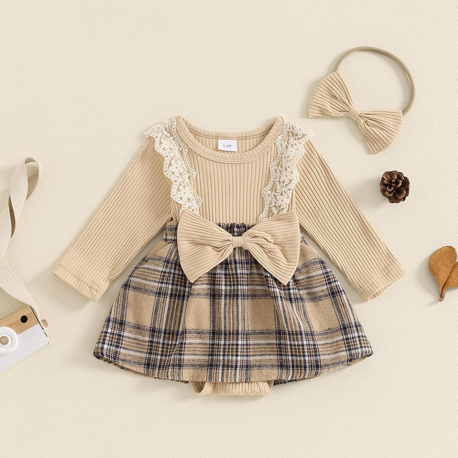 ZAXARRA Newborn Toddler Baby Girl Outfits Ruffle One Piece Romper Holiday Plaid Dress Fall Winter Headband Clothing Sets - Image 3