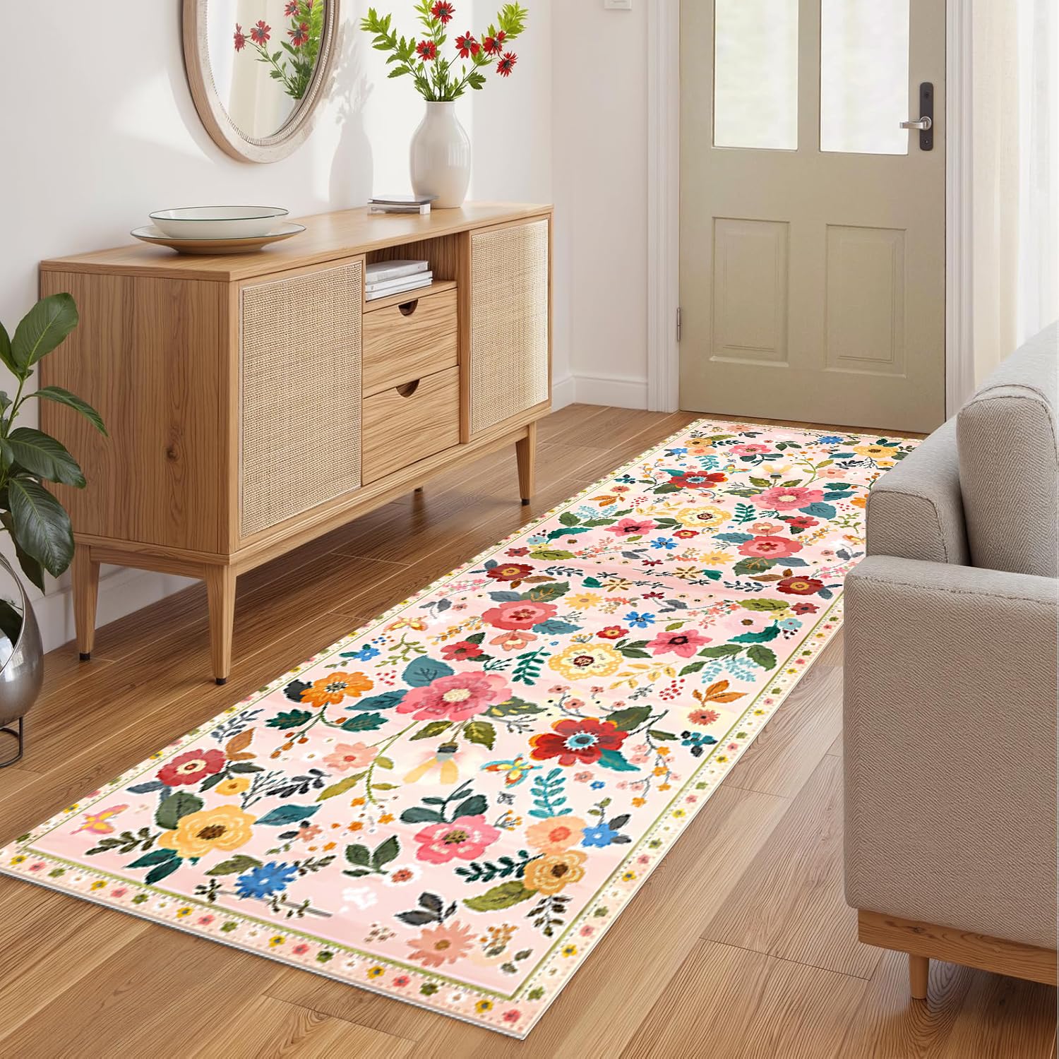 Tapis Couloir,Tapis de Cuisine Devant Evier Rose 60x340cm Motif Floral 3D Tapis de Couloir Antiderapant Lavable Tapis Cuisine Chemin Tapis Couloir Long pour Cuisine Chambre