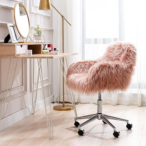 Miniatura 8 de Silla de tocador rosa peluda, bonitas sillas de escritorio de piel sintética con ruedas, asiento tapizado, altura ajustable, silla giratoria para