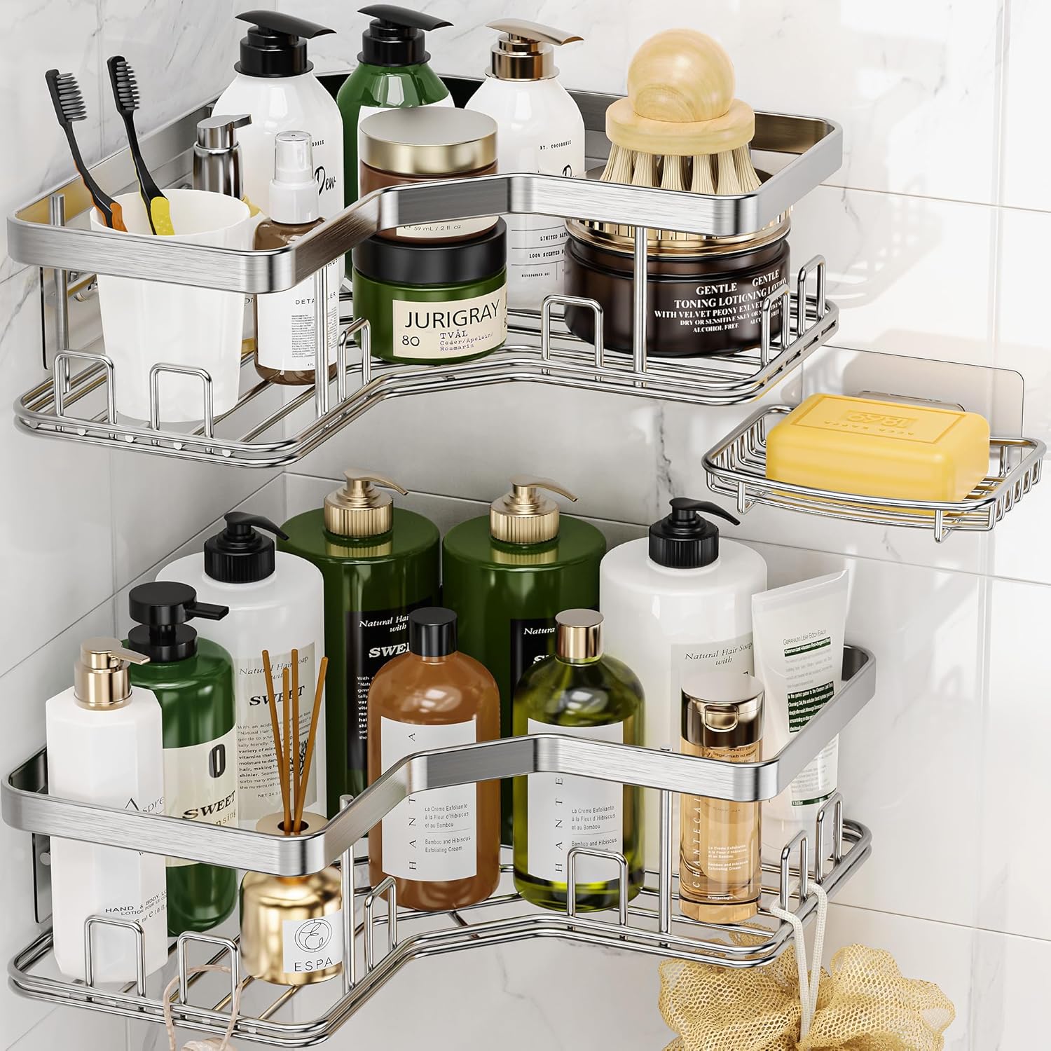 MAXIFFE 3 Pack X-Large Corner Shower Caddy with Soap Holder, Large Capacity Sturdy Easy Install No Drilling Stainless Steel Hold 40 LB Shower Organizer Shelves Rack for Family Renter Bathroom, Silver