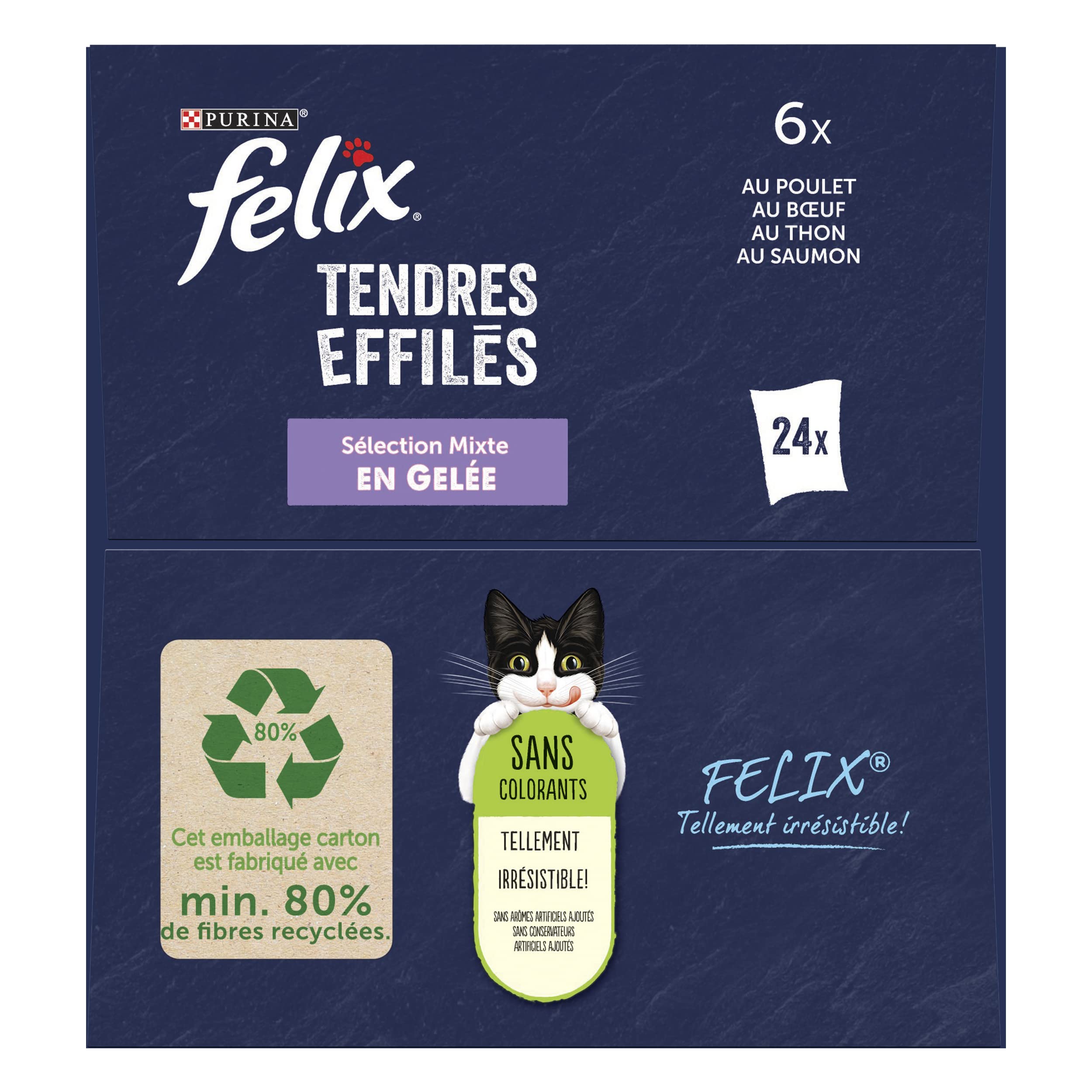 FELIX Tendres Effilés en Gelée | Chat Adulte | Sélection de Poulet, Bœuf, Thon, Saumon | Lot de 24 x 85 g| Sachet fraicheur - Lot de 4