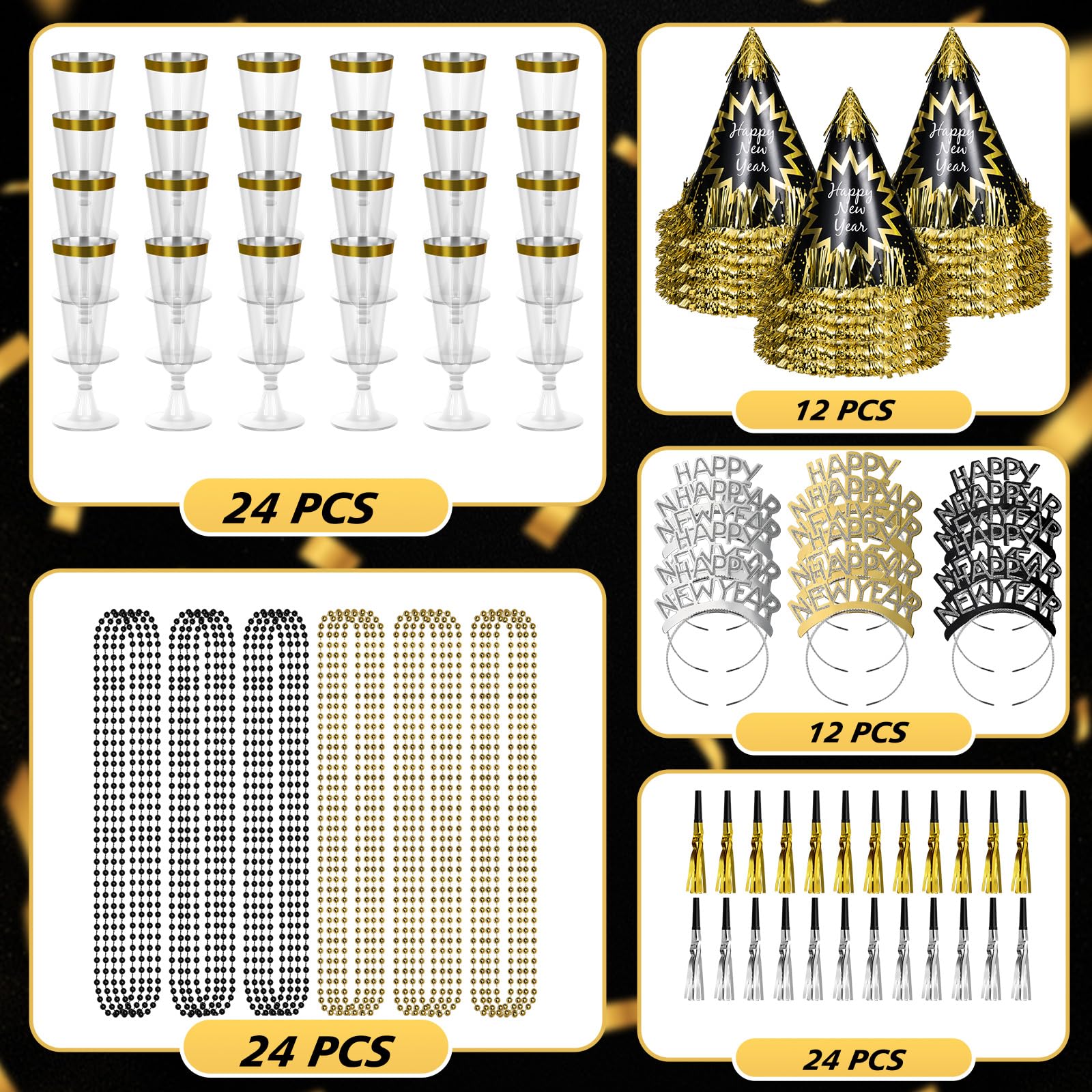 96-teiliges Silvester-Partyzubehör enthält 12 Kegelhüte, 12 Stirnbänder, Diademe, 24 Kunststoff-Champagnerflöten, 24 Perlenketten, 24 Squawker für Happy Silvester-Dekorationen, Party (96)