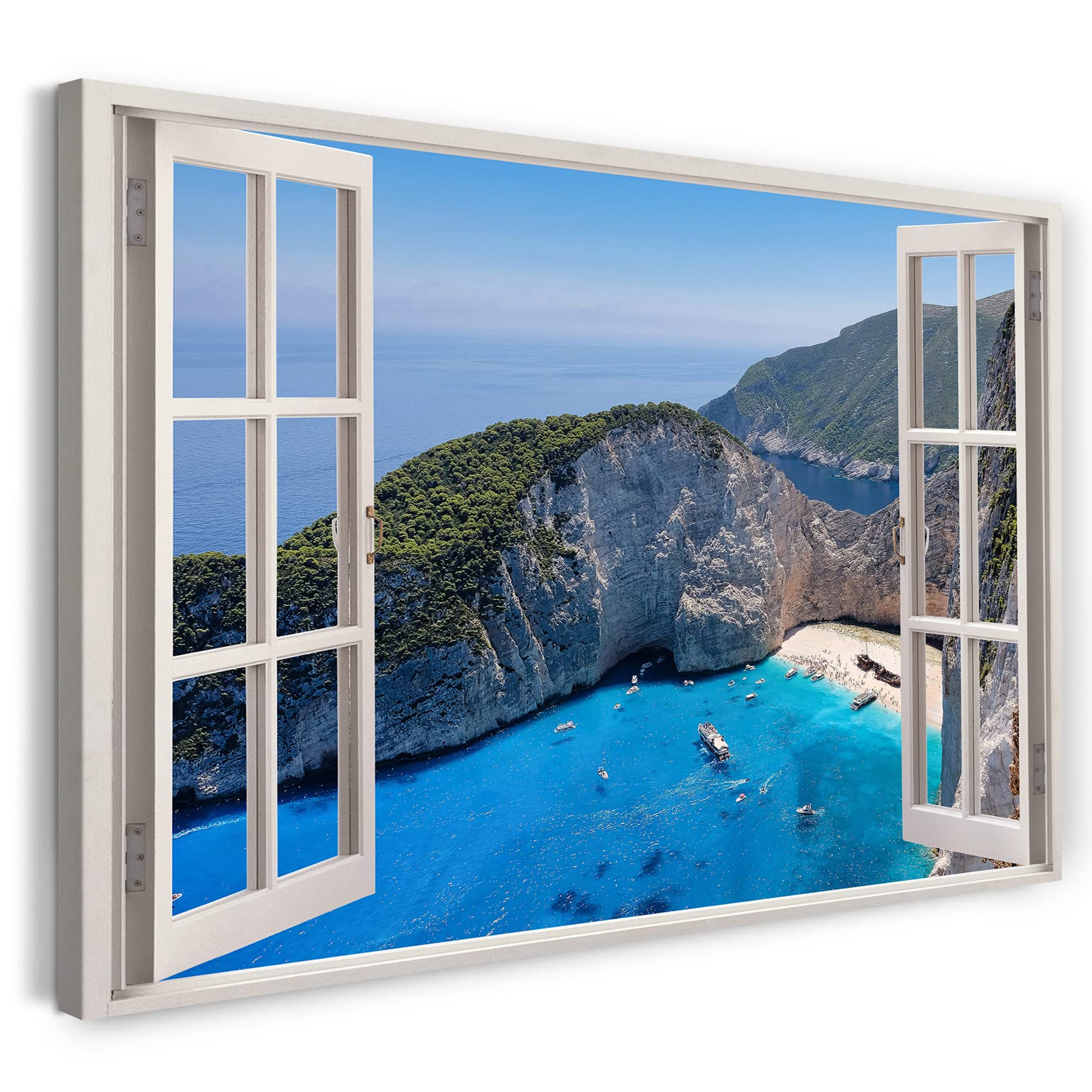 Print on Canvas (80x60 cm) view from the window - blue sea bay mountains cliffs - nature photography, real wood frame with hook