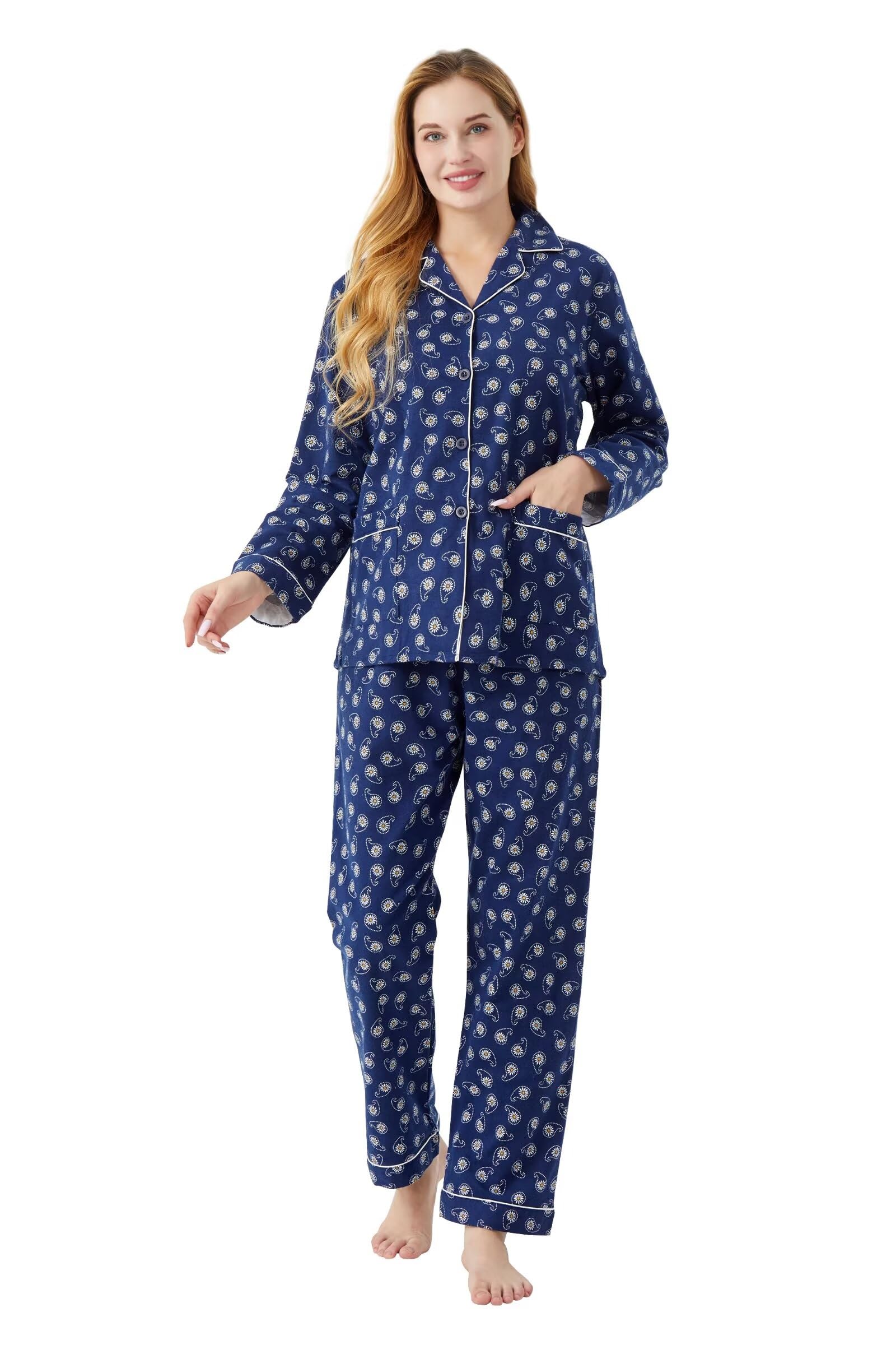 Pijama de franela de algodón para mujer, 100% algodón, conjunto de pijama de franela suave y acogedora