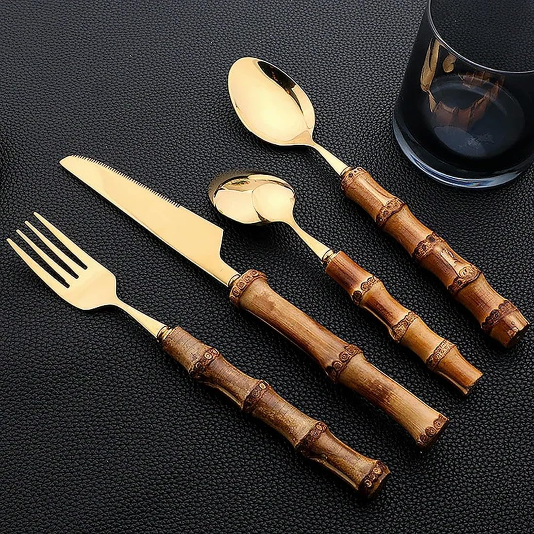 Ensemble de Couverts en Acier Inoxydable et Bambou, 24 pièces, Ensemble de Couverts avec poignée, Vaisselle, Couteau à Steak, Couverts