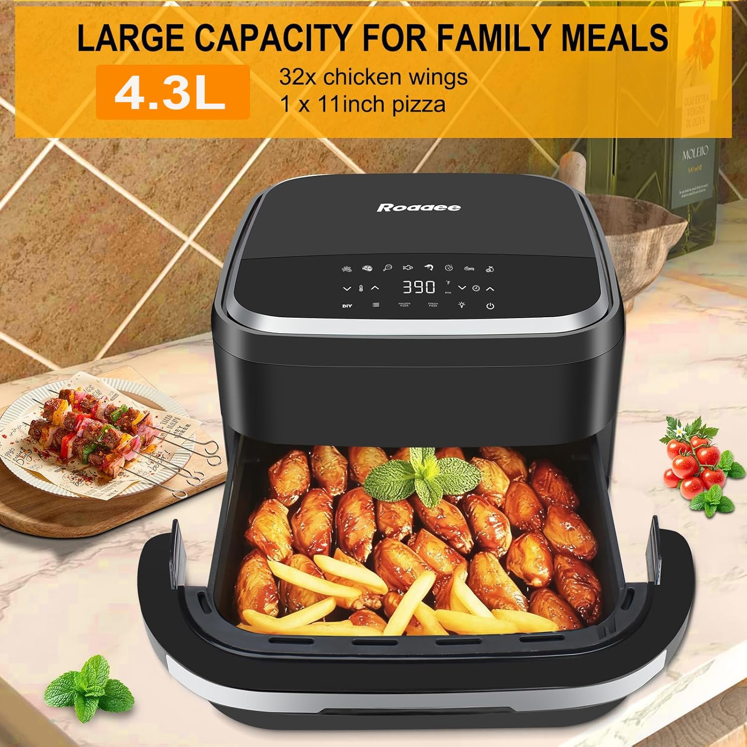 Forno per pizza e friggitrice ad aria, 4,3 l, 11 in 1, con tecnologia di flusso d'aria superiore e inferiore, display digitale, grande finestra di visualizzazione, piastra grill, fino a 32 ali di