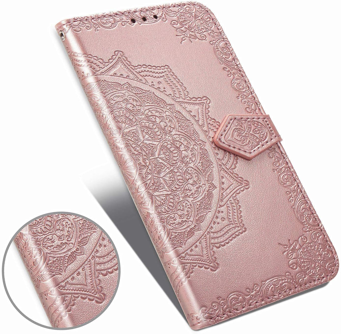 OnePlus 7 Pro Case,OnePlus 7 Pro 5G Case Wallet,Henna Mandala Floral Flower PU Leather Flip Folio Phone Protective Case Cover with Card Slot Holder Kickstand for OnePlus 7 Pro 5G (6.7") 2019,Rose Gold