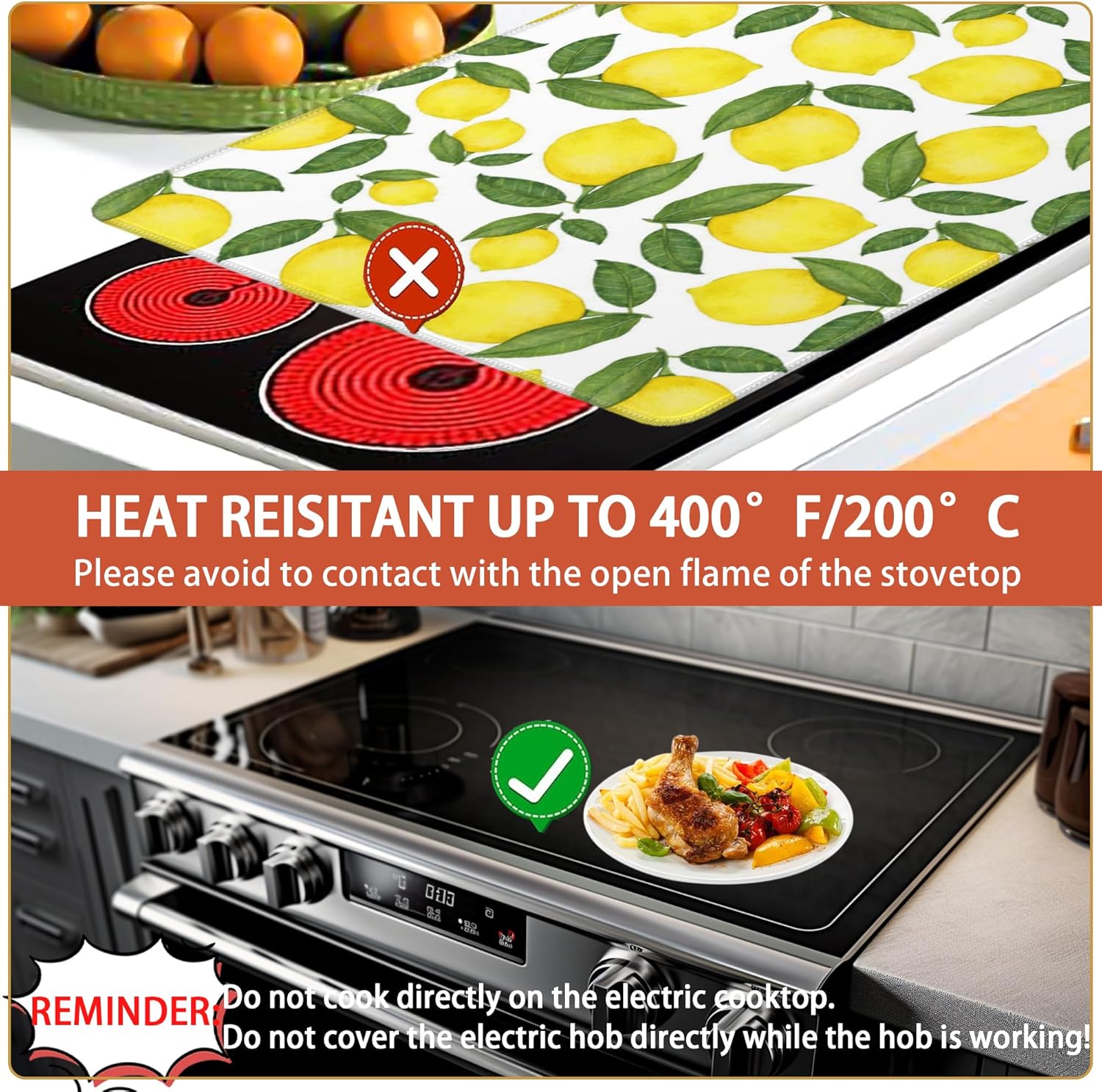 Lemons Electric Stove Top Cover Protector-Green Leaf Glass Flat Top Stove Mat Oven Induction Cooktop Mats for Countertop Mats Heat-Resistant Dish Drying Mat
