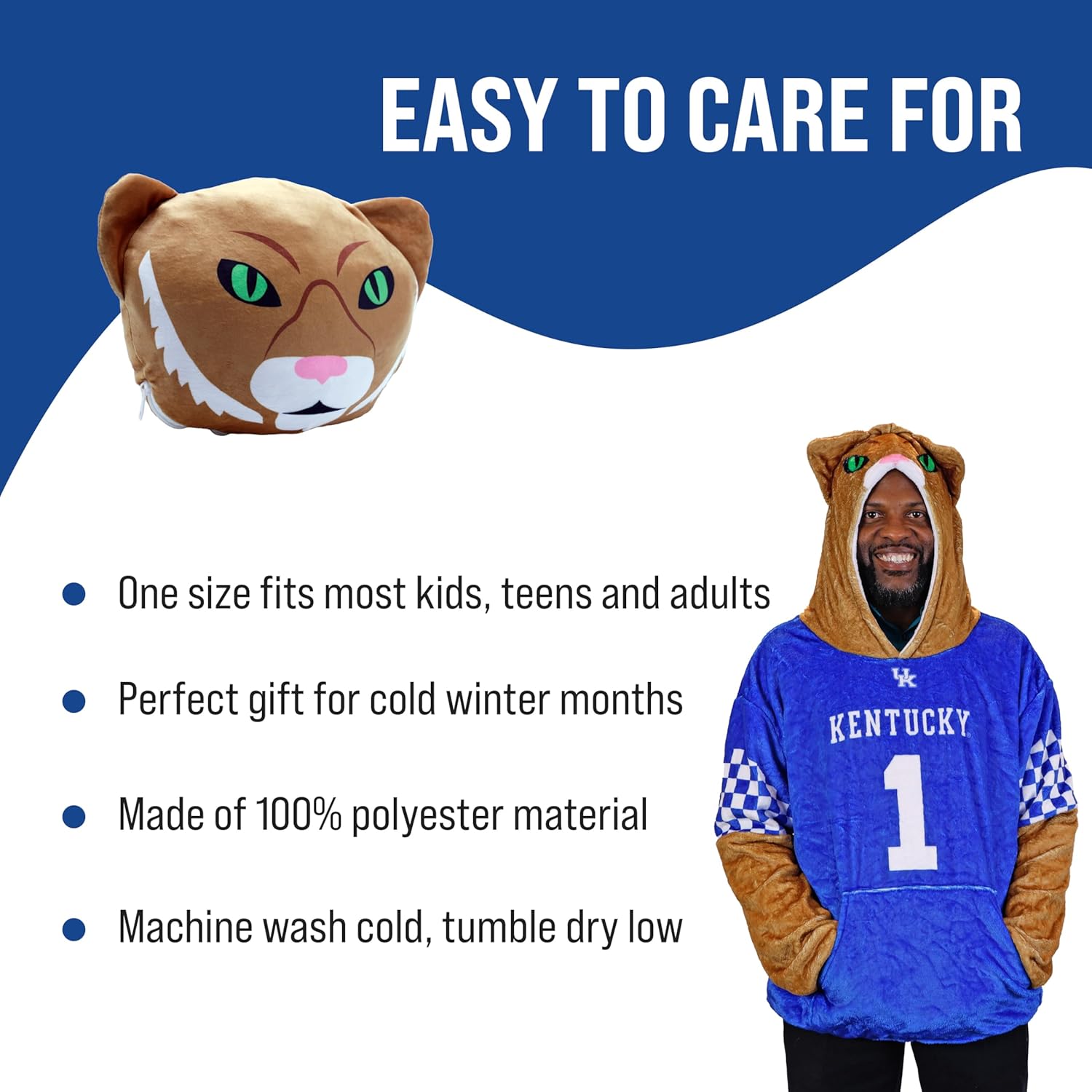Plushible Wearable Blanket Hoodie – 2-in-1 Oversized Hoodie Blanket & Pillow, Long Sleeve Sweatshirt with Pocket, Cozy Graduation Gift for Adults, Men & Women - University of Kentucky Wildcat Mascot