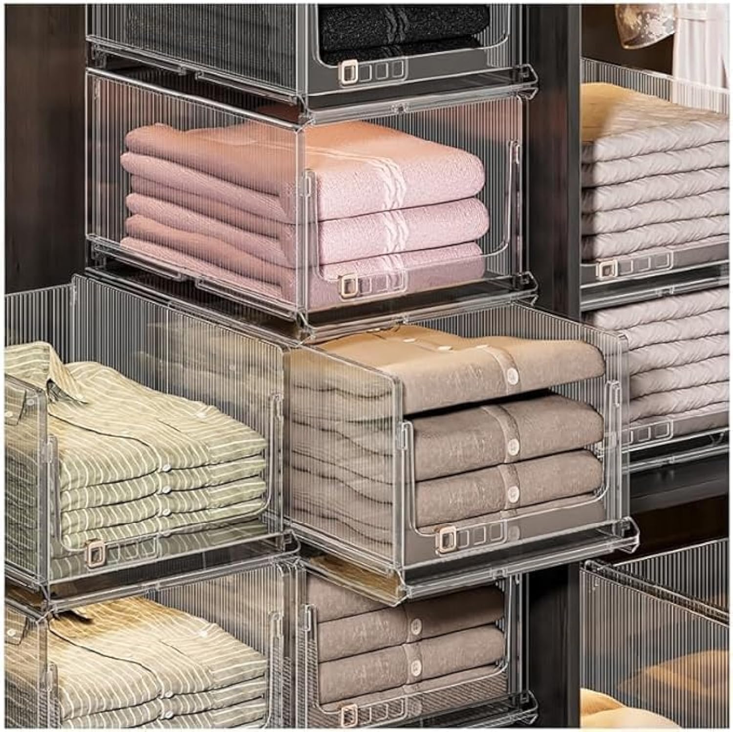 TAPIT Stackable Plastic Storage Basket for Closet Wardrobe Organizer and Storage Bin Sweater Drawer Shelf Container for Cupboard Kitchen Bathroom Office Bedroom (Z01-Small 2PCS)