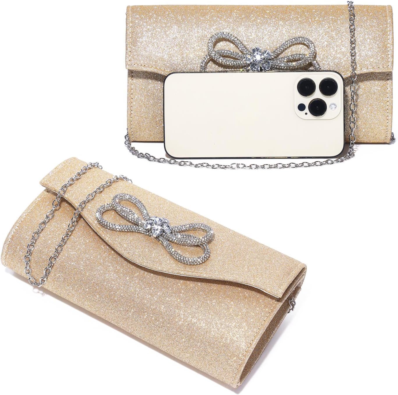 Gurina Evening Clutch Purses for Women Formal Party Clutch Bags Cocktail Prom Shoulder Handbags Shiny Crystal Bow Flap Purses - Image 2