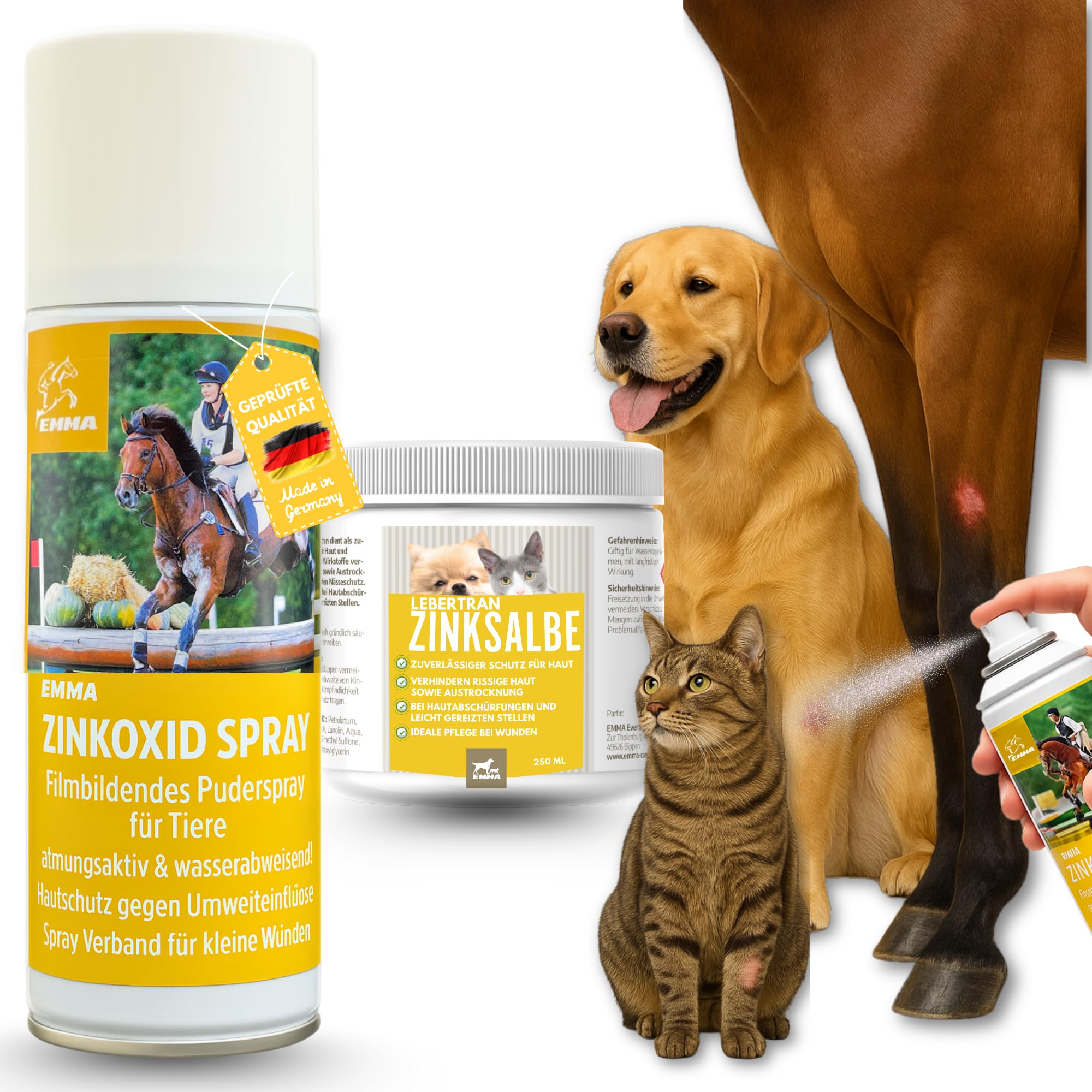 EMMA Lebertran Zinksalbe + Zinkspray 250ml + 200ml – Erste Hilfe Set für Pferd Hund Katze – Zinkoxid Spray & Wundsalbe – Sprühpflaster, Wundschutz, Pfotenschutz, Mauke Pflege, Hautreinigung