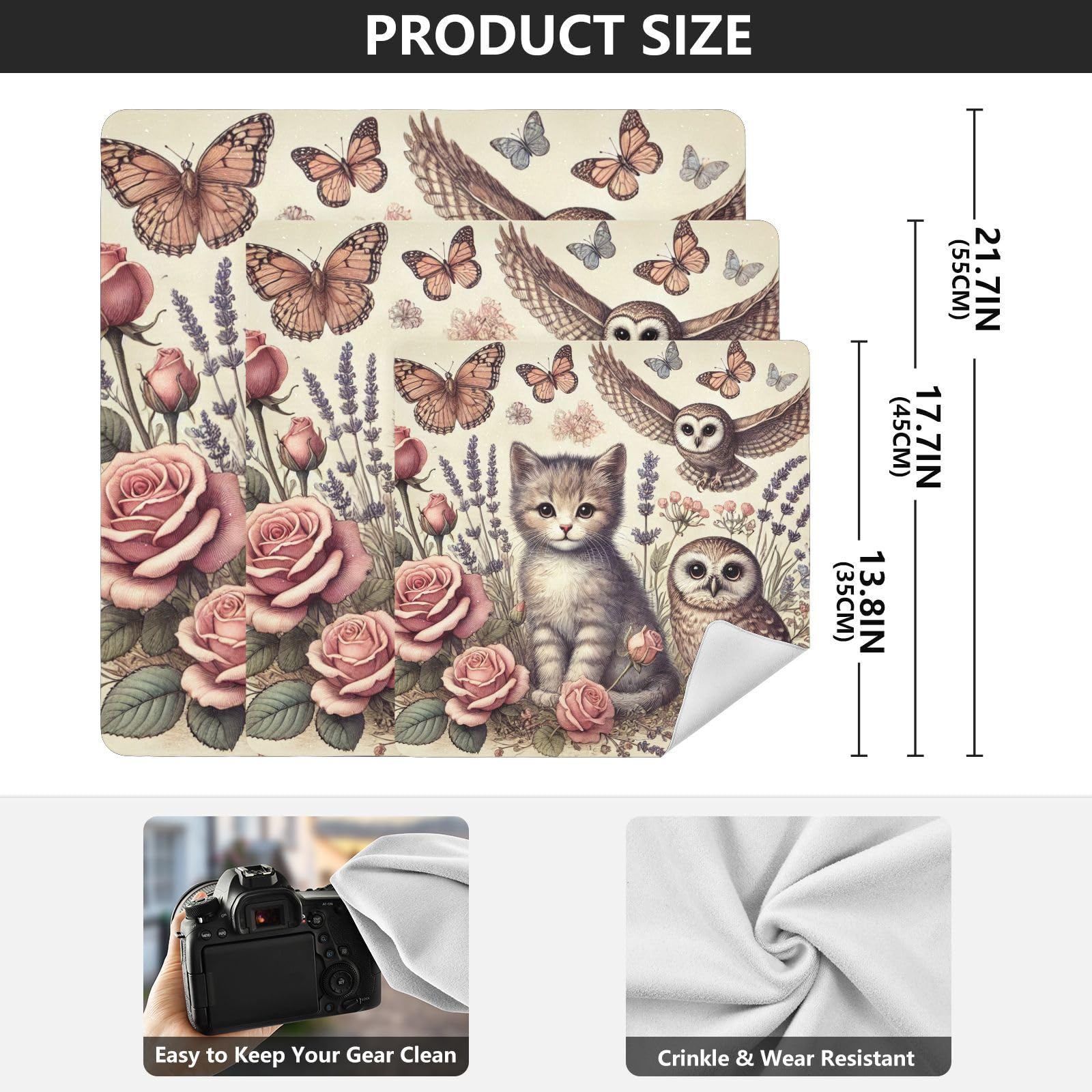 Kitten Roses Owls Self-adhesive Cloth 17.7