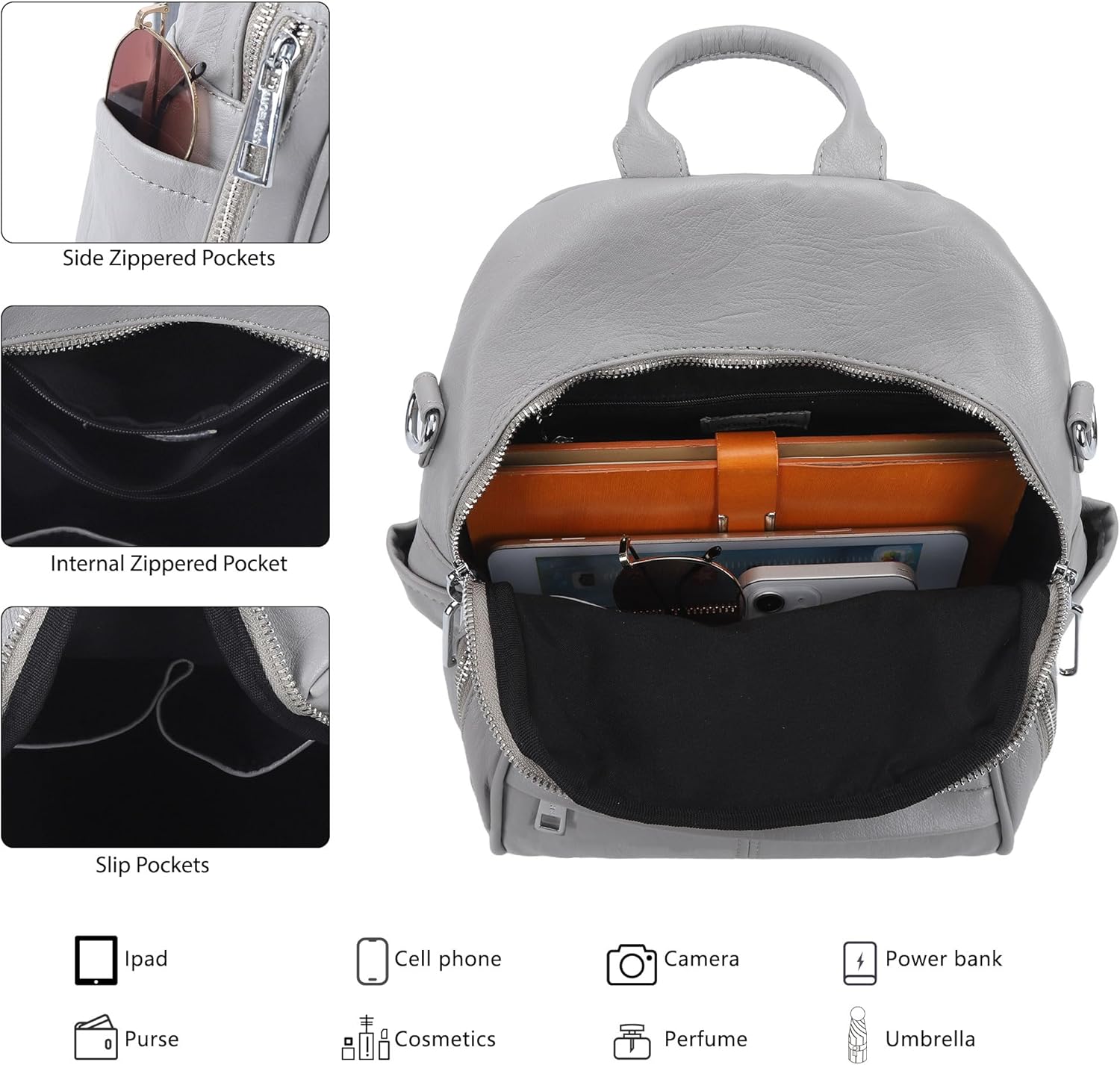 Angel Kiss Small Backpack Purse for Women,Soft Vegan Leather Roomy Backpacks,Designer Ladies Shoulder Backpack Fashion Handbag with Removable Strap,Grey - Image 4