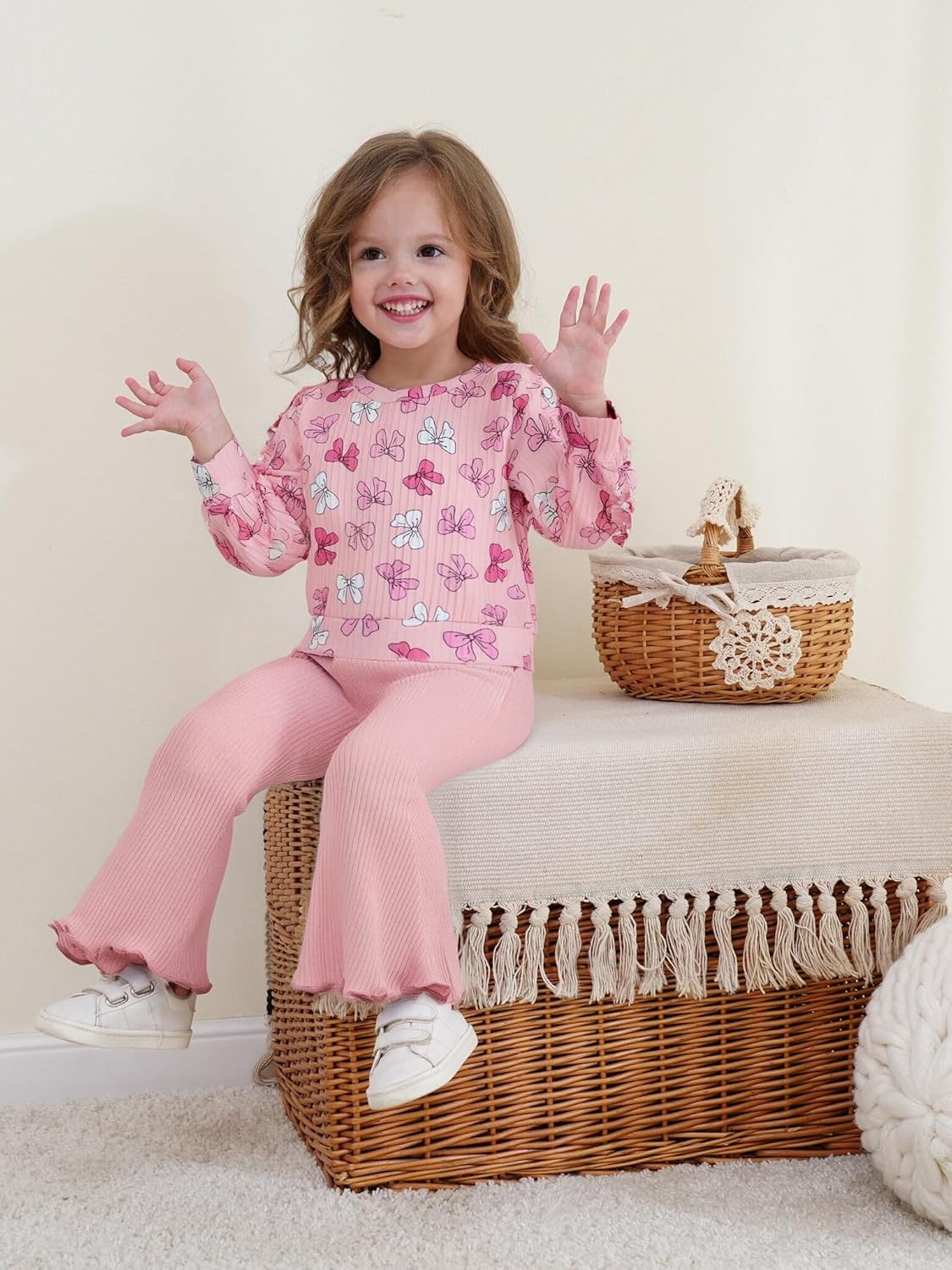 Renotemy Toddler Baby Girl Clothes Fall Winter Outfits, Ruffle Sleeve Crew Neck Sweatshirts Flare Pants Set 12Months-4 Year - Image 3