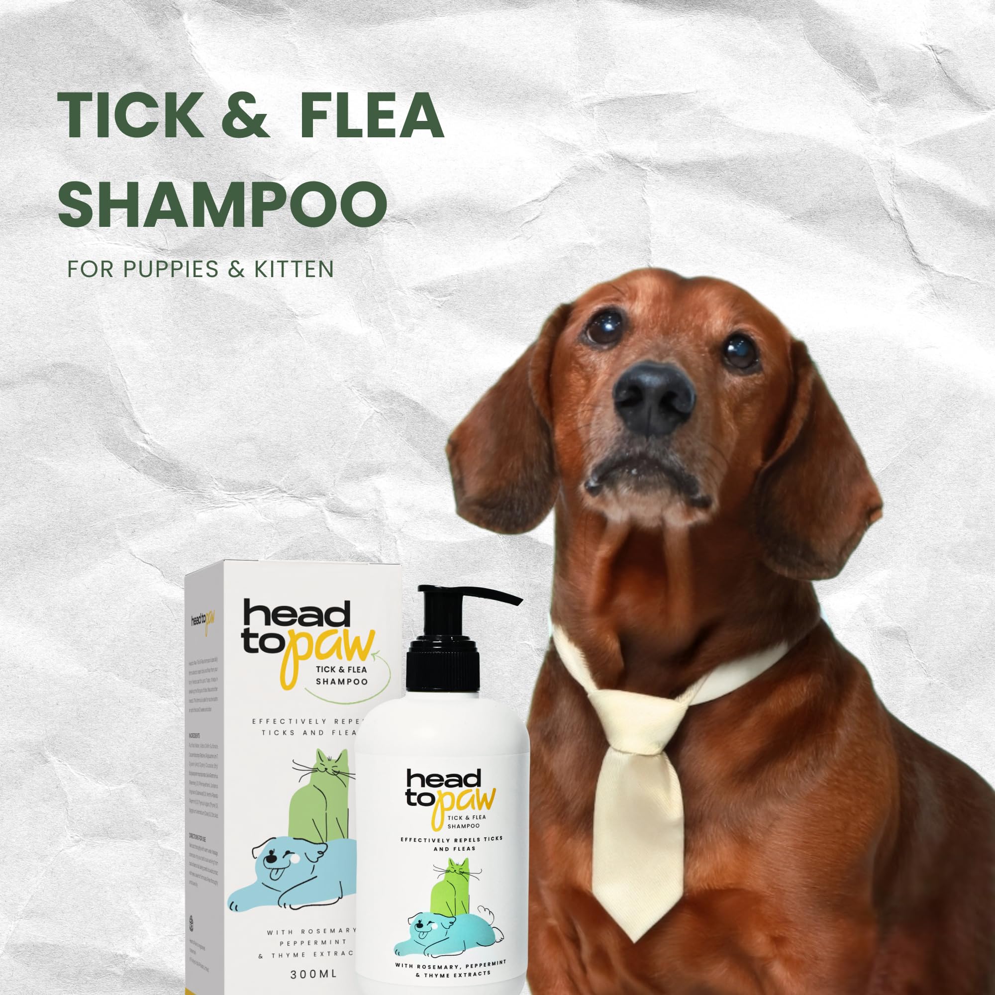 HEAD TO PAW Tick and Flea Shampoo | Repels Ticks & Fleas Shampoo for All Breeds 300ml | Medicated Pet Shampoo Enriched Rosemary, Peppermint & Thyme Extract | Ph Balanced, Moisturising, Prevents Fleas 1
