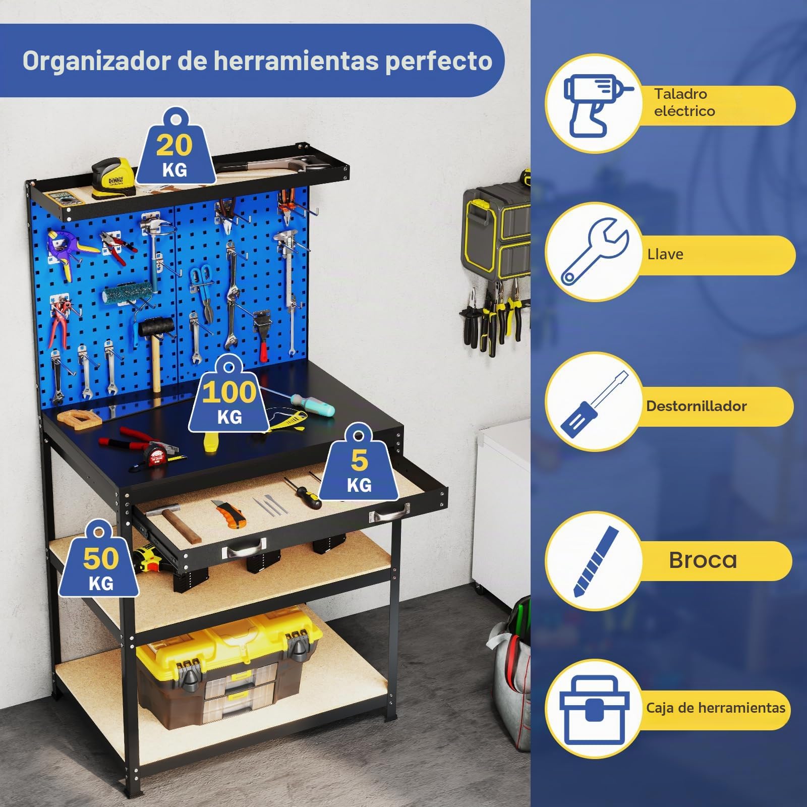 GYMAX Banco de Trabajo con Panel Perforado, Banco de Trabajo Metálico con 2 Cajones, 3 Estantes, 20 Ganchos, Capacidad de Carga de 225 KG, Mesa de Trabajo con Organizador de Herramientas (Azul)