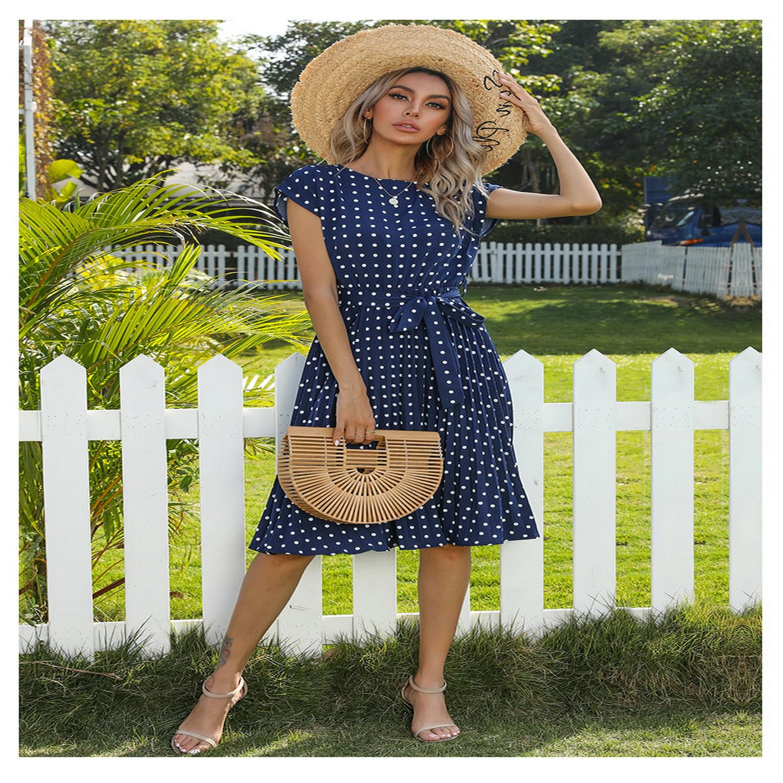 Vestidos de verano para mujer, vestido de lunares de manga corta, plisado, casual, vestido midi con cinturón, YYEFNMAZ