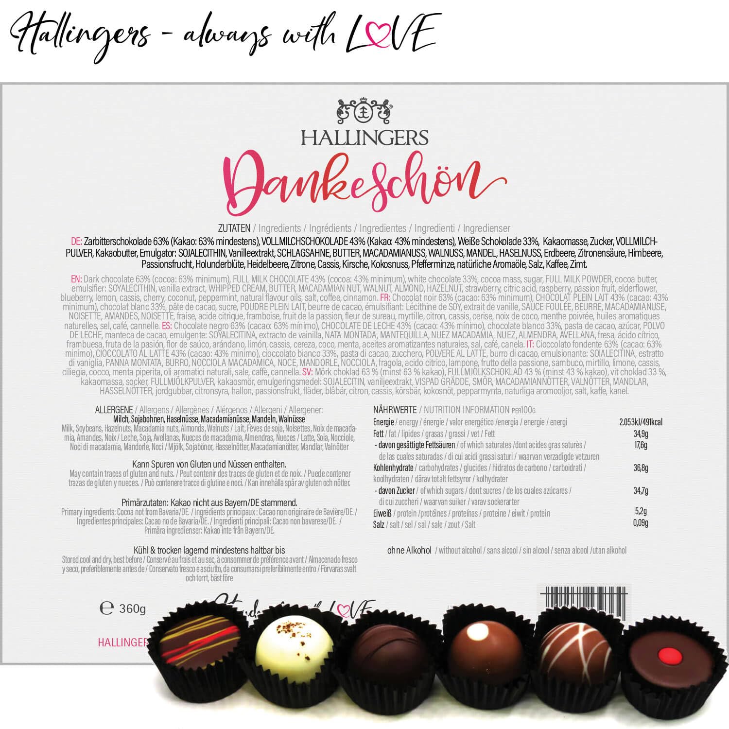 Hallingers Genuss Manufaktur Pralinen Dankeschön-Geschenk - ohne Alkohol, handmade aus Confiserie-Edelkakao in wertiger XXL-Geschenkbox "Dankeschön", Geschenkidee für Frauen Männer