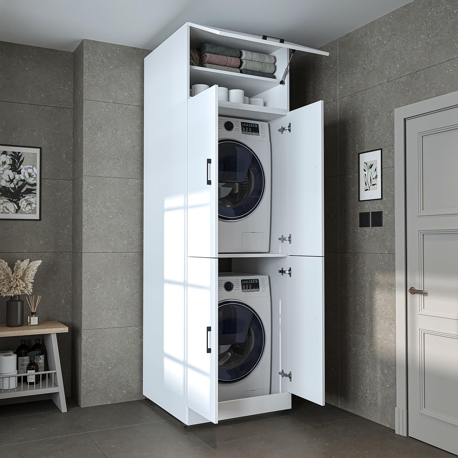 ROOMART Armoire pour machine à laver et sèche-linge Dora, avec étagères, 5 couleurs au choix (Blanc, Avec armoire supérieure : (HxLxP) : 230 x 70 x 73,8 cm)