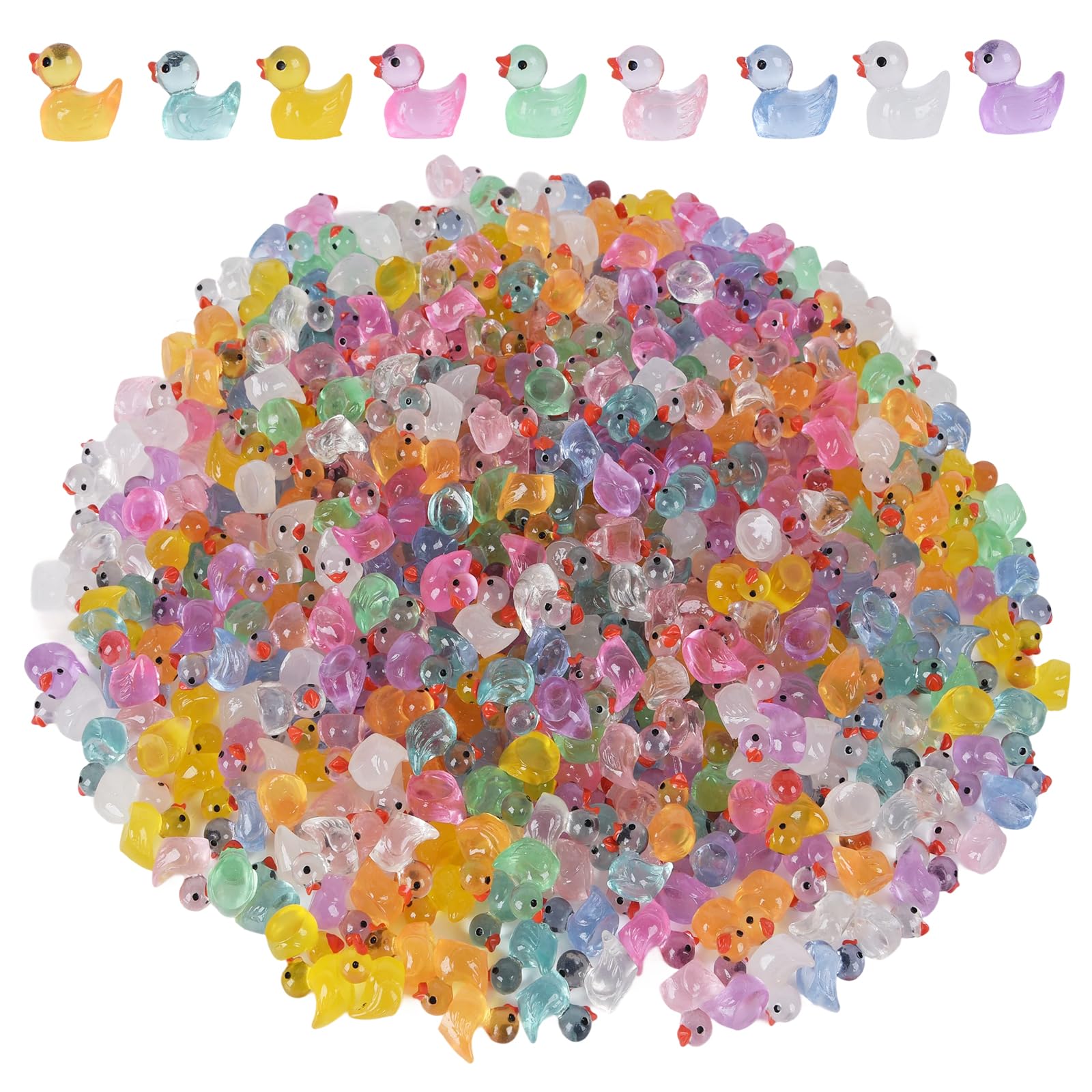 Mini Ducks 500 Pack in 20 Colors, Small Cruise Ducks and Glow in the Dark Ducks in Bulk, Made of Resin and Safe Material, Prank Ideas, DIY Creativity, Party Favor, Garden Animal Miniature Decoration