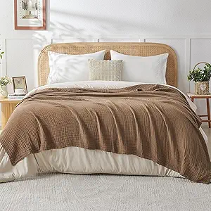 EMME Cotton Muslin King Blanket Bed Layering Breathable Gauze Blanket Soft Lightweight Blankets Adults (Brown, 108"x90")