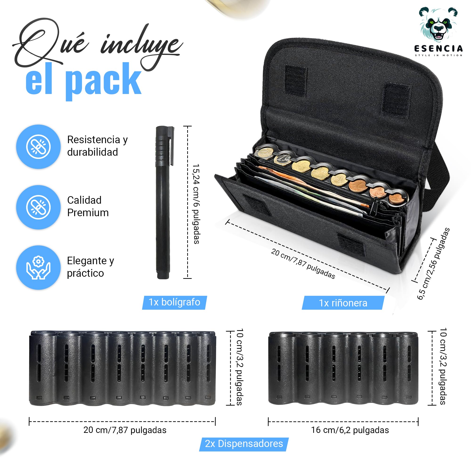 Pack de Riñonera con 2 Dispensadores de Monedas y Bolígrafo Detector Billetes Falsos: Riñonera Camarero, Portamonedas Taxi, Organizador de Billetes, Clasificador de Monedas y Organizador monedas.