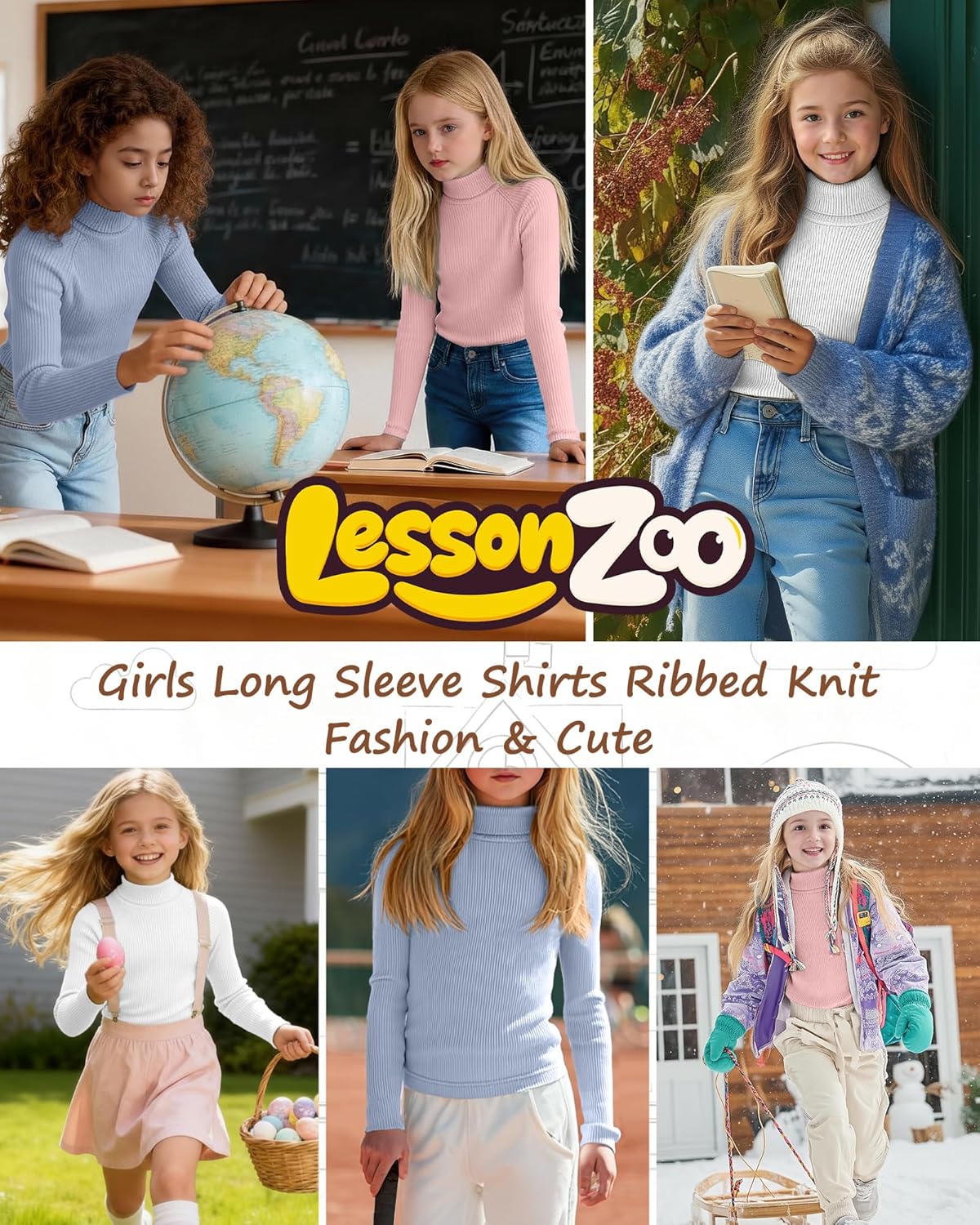 3 Pack Girls Turtleneck Long Sleeve Shirts Ribbed Knit Cotton Layer Tops Slim Fit Casual Undershirts 5-14 Years - Image 4