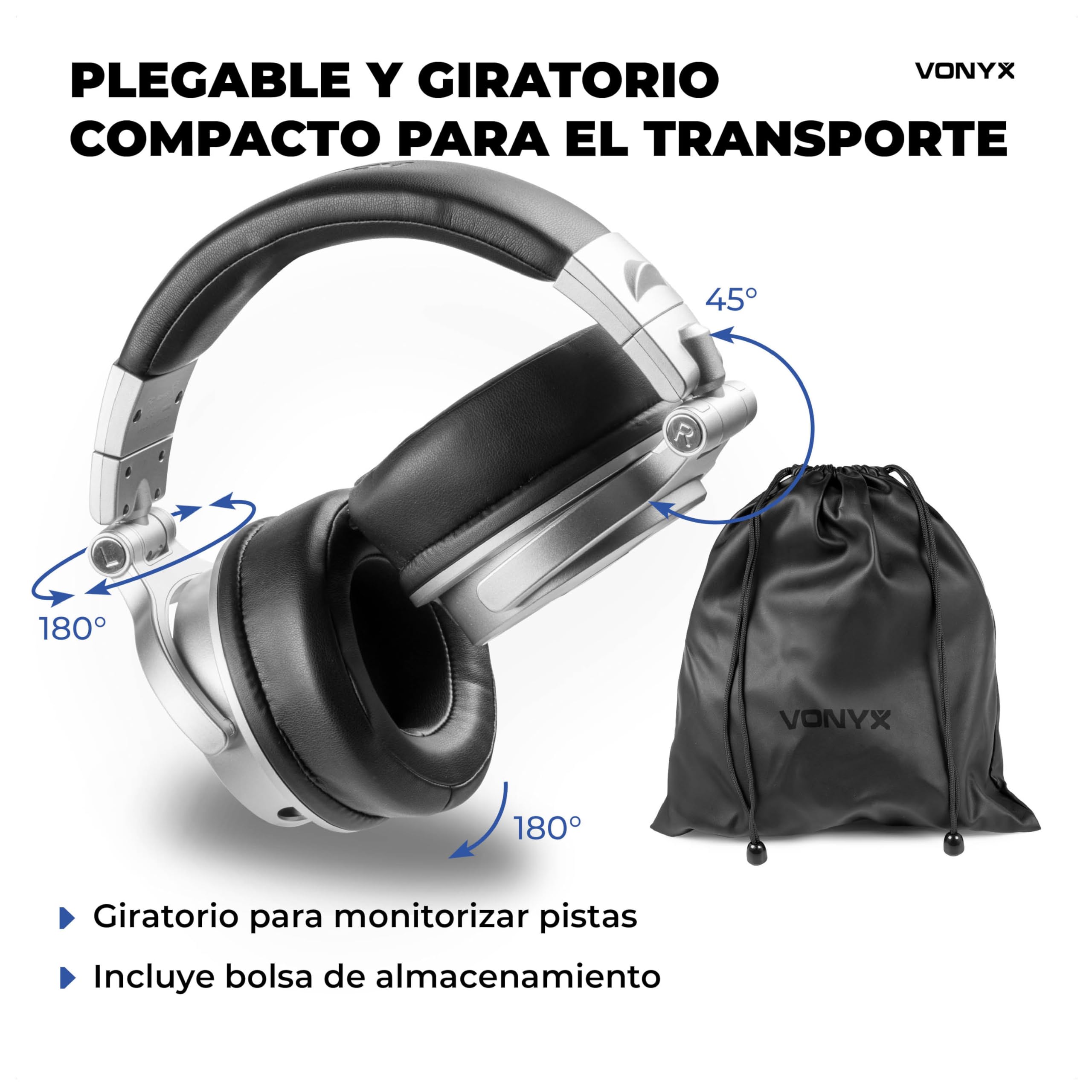 Vonyx HDX200SL – Auriculares DJ Premium con Drivers 50 mm, Jack 3,5 y 6,3 mm, Cable Reversible, diseño Plegable y Bolsa Transporte para música y Estudio Profesional, Color Aluminio