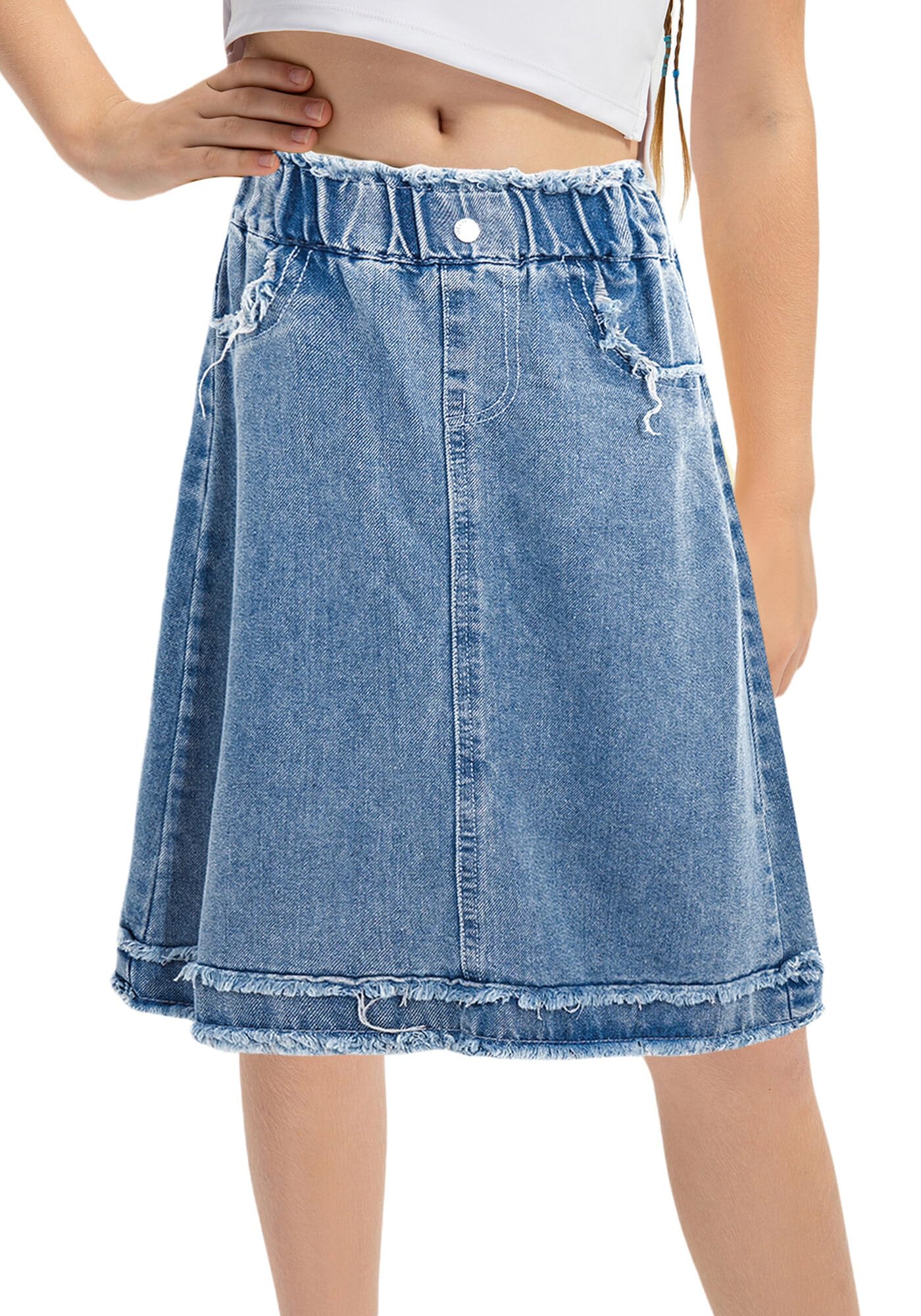 Falda vaquera para niña, casual, hasta la rodilla, con bolsillos, cintura alta elástica, acampanada, 5-14 años