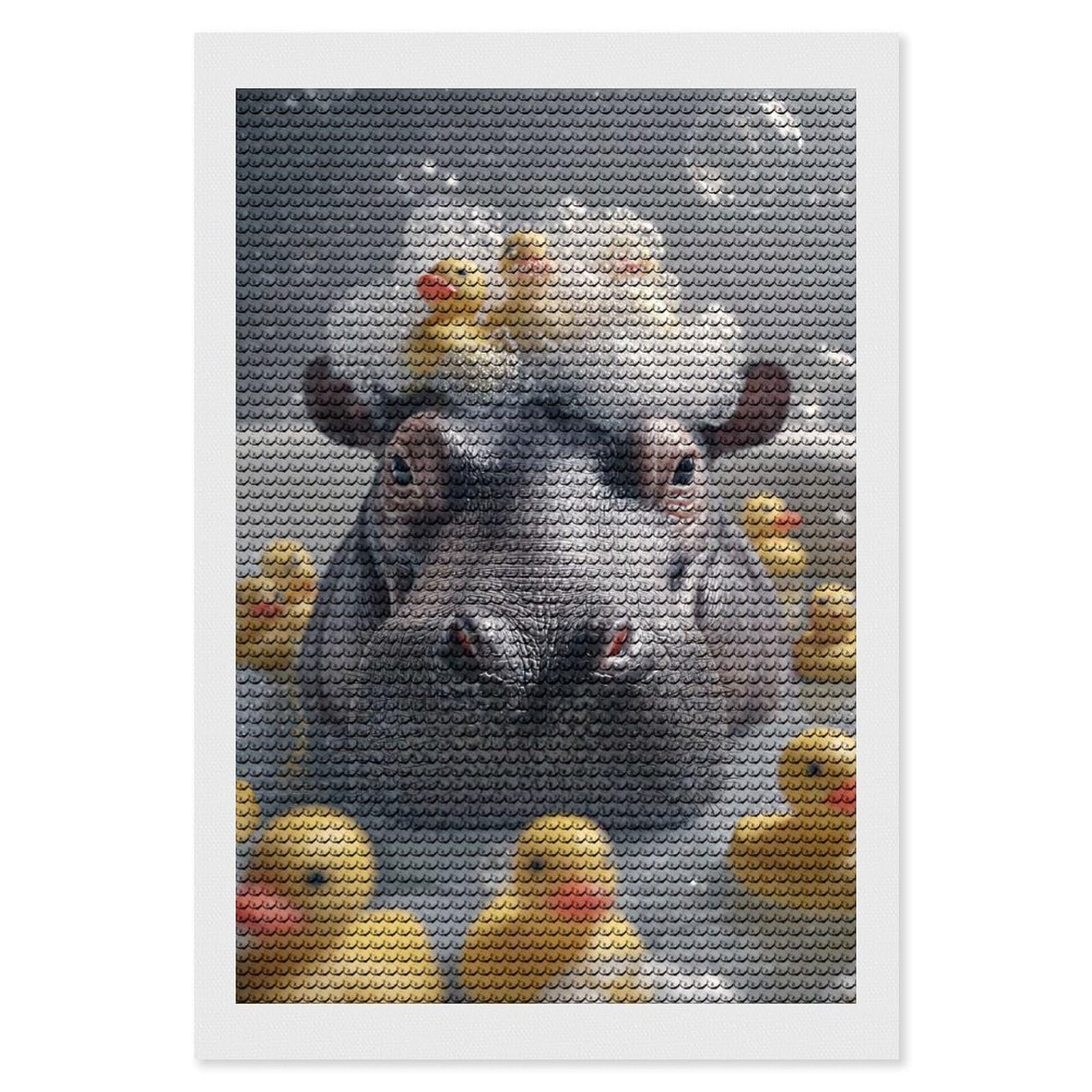 Junmoney Hippo in Bathtub with Rubber Ducks Diamond Painting Set 8"x12", Stress Relief Craft, Easy to Enjoy, Vintage Style Decor, Festive Craft Gift