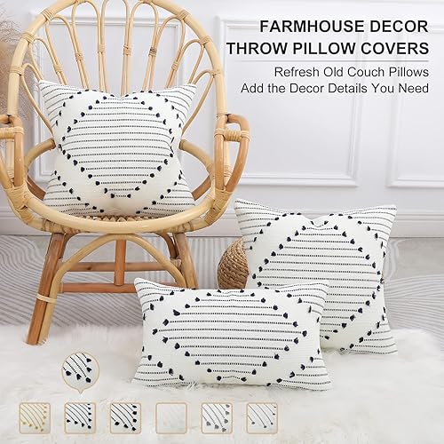 Miniatura 2 de Mecatny juego de 2 fundas de cojín decorativas estilo bohemio de 12 pulgadas x 20 pulgadas, color azul marino y blanco crema, fundas rústicas para