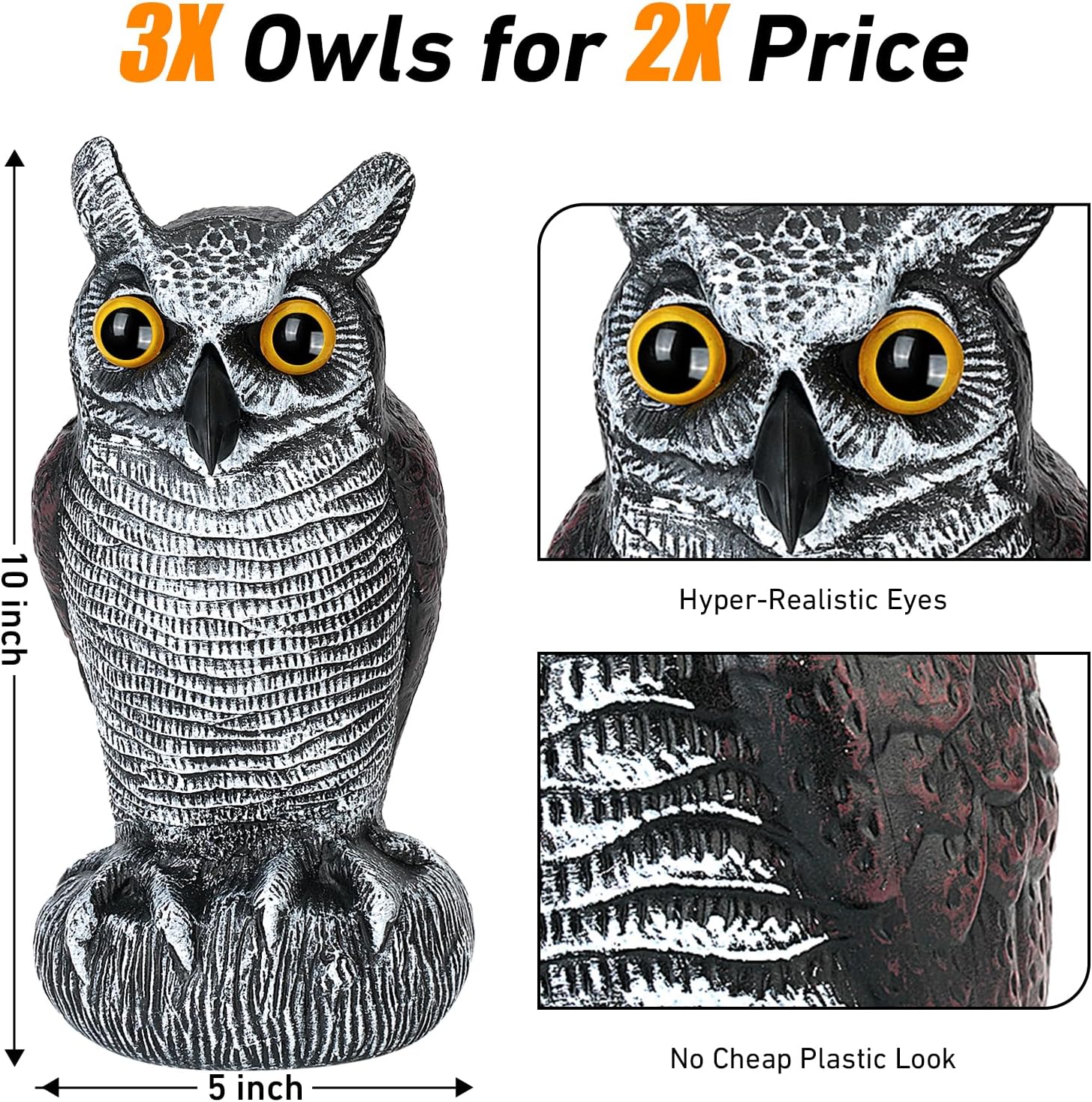 3-Pack Realistic Owl Statues for Outdoor Decor – Garden, Yard, Patio Decoration – Lifelike Bird Sculpture for Bird Control