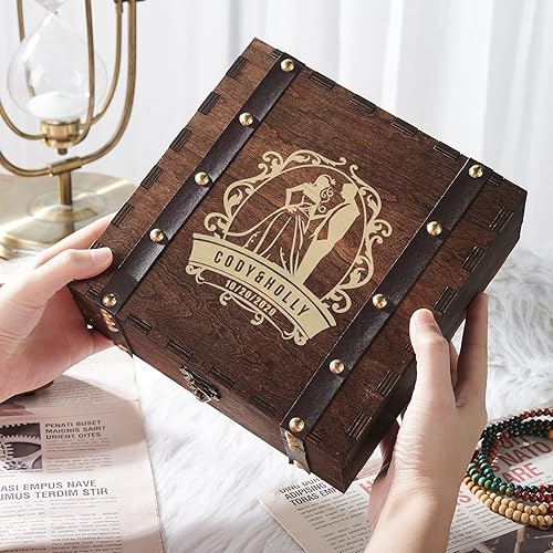 Miniatura 8 de 2win Caja de madera de memoria, caja de recuerdos de boda con tapas con bisagras, caja de regalo de almacenamiento de madera decorativa de cuero,