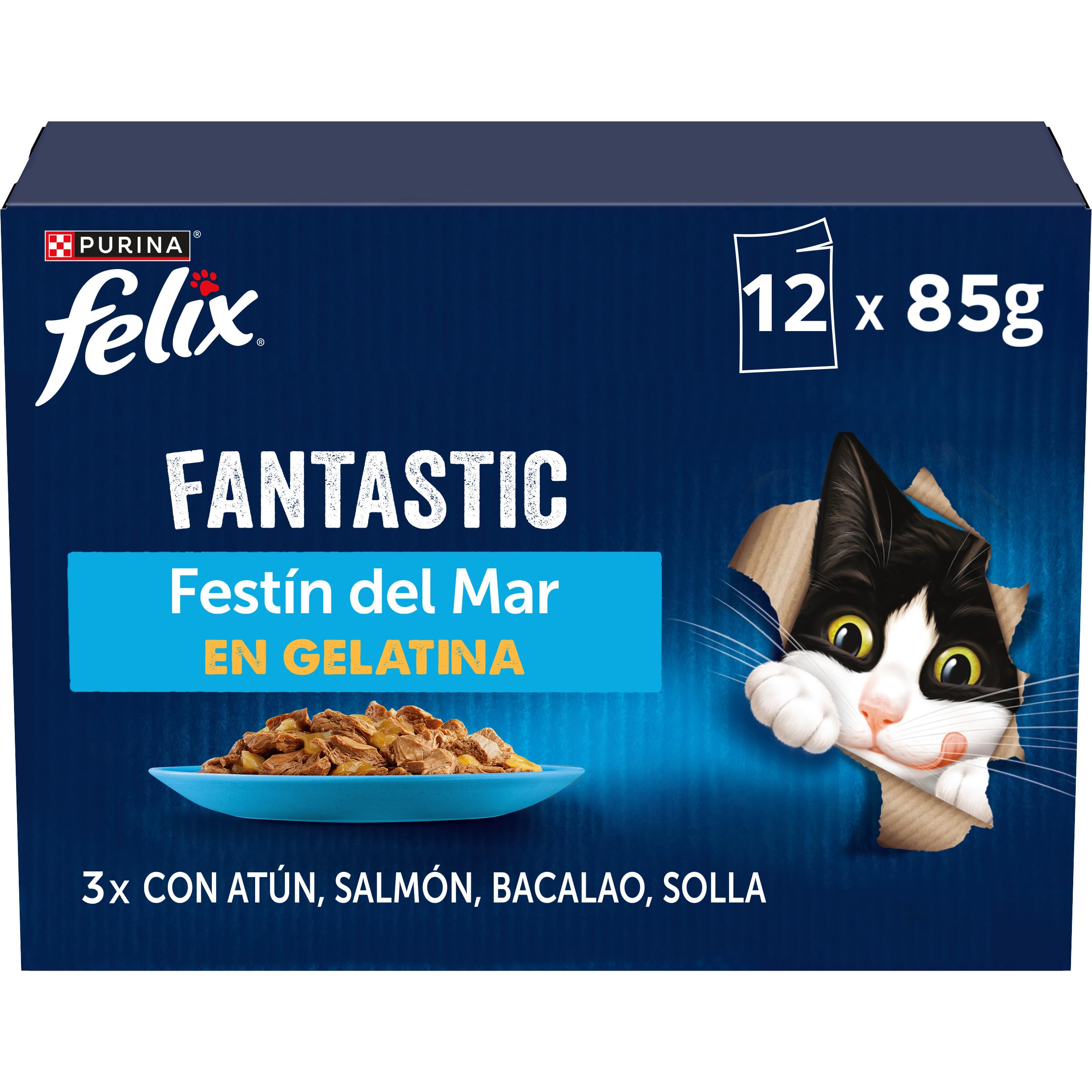 Felix Fantastic Feast of the Sea Wet Cat Food, 12 Easy-to-Serve Sachets, Tender Jelly Chunks, 4 Delicious Flavors, 100% Complete and Balanced Nutrition