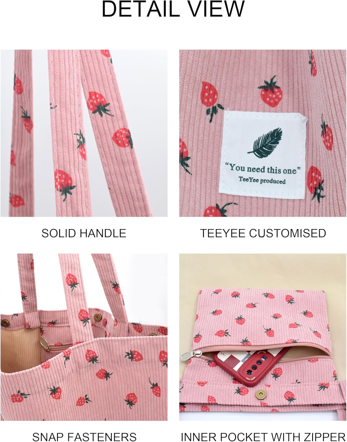 TeeYee Women's Corduroy Tote Bag Large 3 Snaps Shopper Shoulder Bag Leisure Handbag | Foldable, Lightweight material, Extended straps, Inner zipper pocket, Extra large tote - Image 7