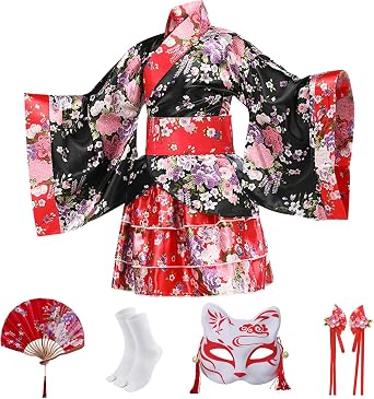 Japanese Kimono Anime Cosplay Costumes for Kids Girls Robes with Fox Mask Tutu Skirt Set Size 6-7 130CM