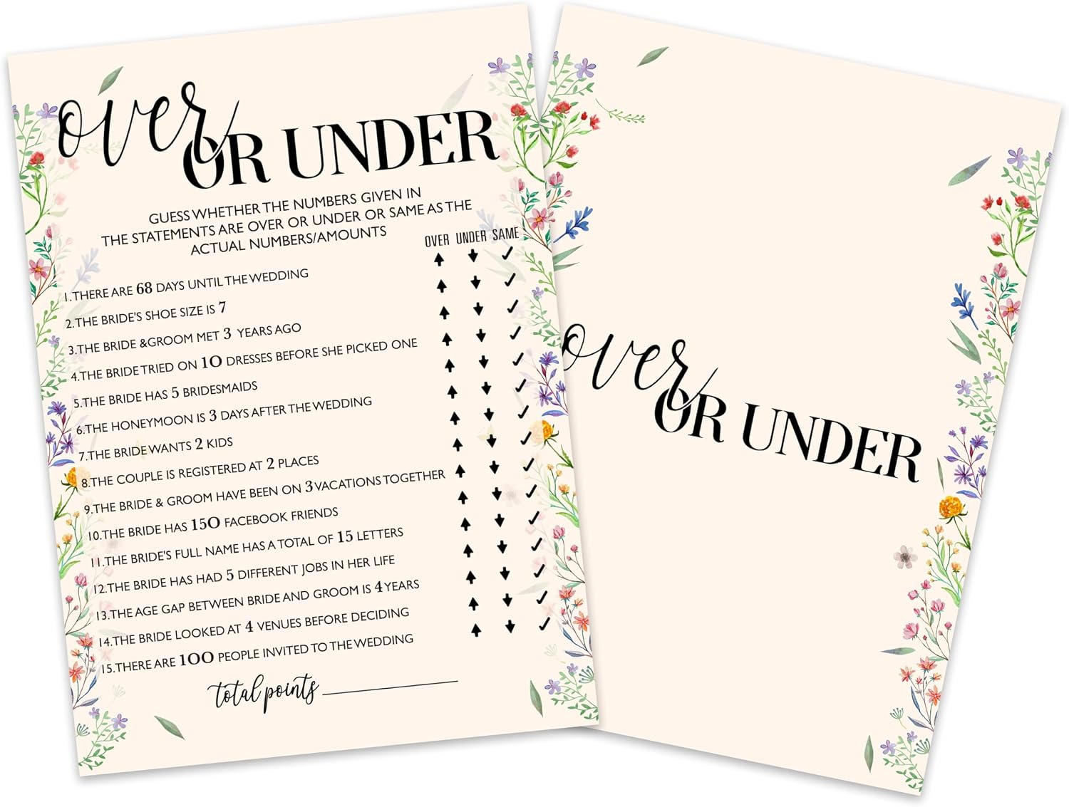 TPYEN Guess Over Or Under Bridal Shower Game Cards - 30 Pcs Minimalist Wedding Party Game Set