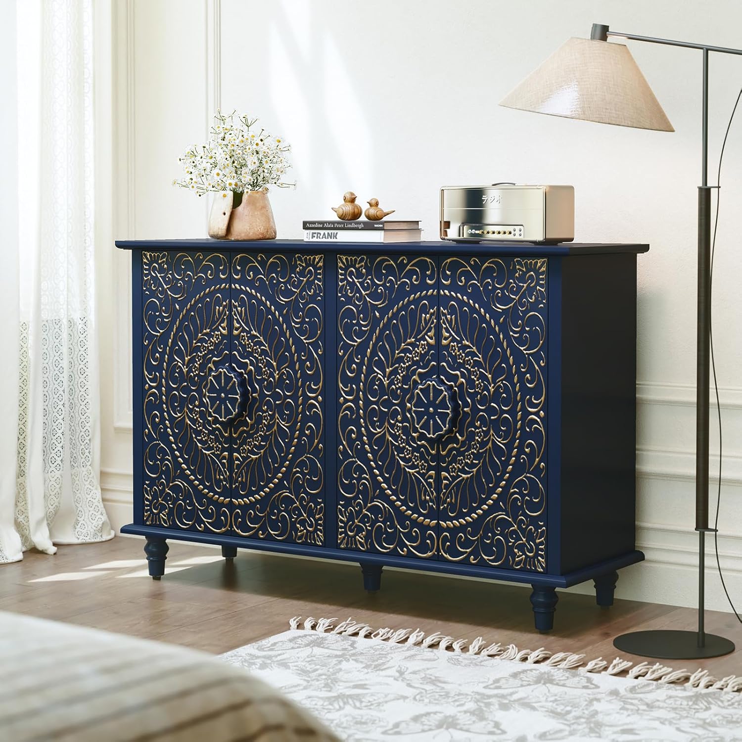ARTPOWER Sideboard Buffet Cabinet with Storage, 48" Decorative Accent Cabinet with Carved Flower Pattern, Modern Blue Credenza with 4 Doors for Living Room, Hallway, Dining Room, Kitchen