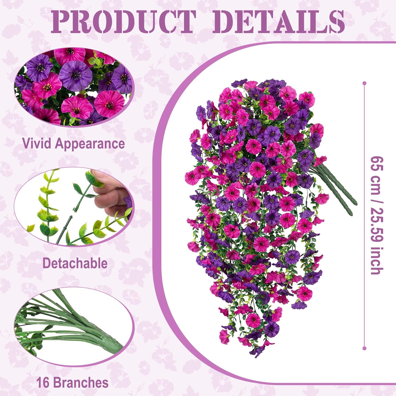 Artificial Hanging Petunias Flowers for Outdoor, 2pcs Fake Plants Long Vine Morning Glory Eucalyptus, UV Resistant Realistic Faux Greenery Indoor Outside Patio Porch Garden Spring Summer Decor, Purple - Image 2