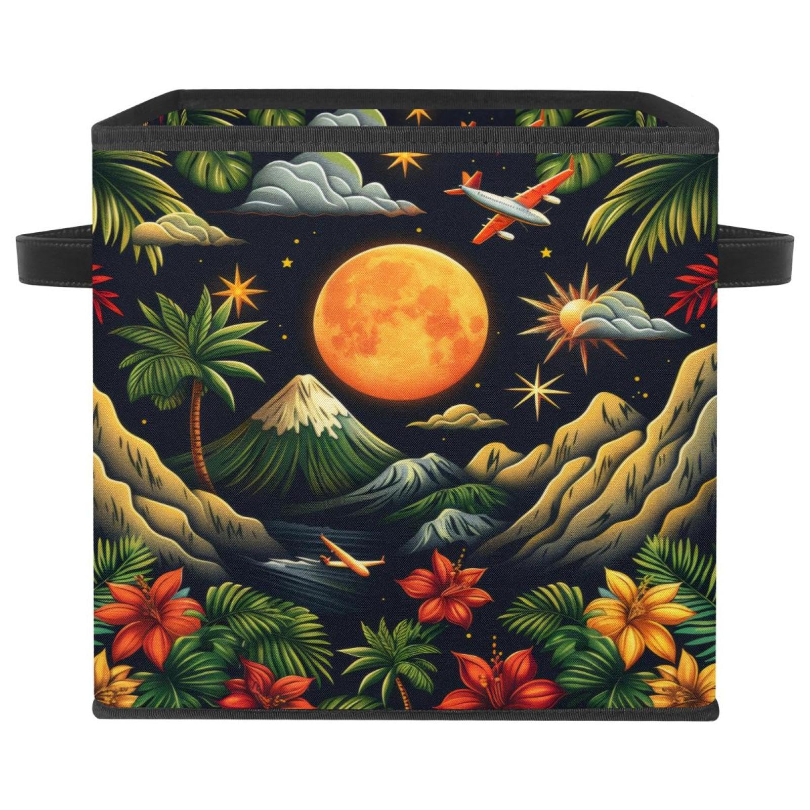 Boîte de rangement pliable grand cube à poignées en cuir motif paysage voyage