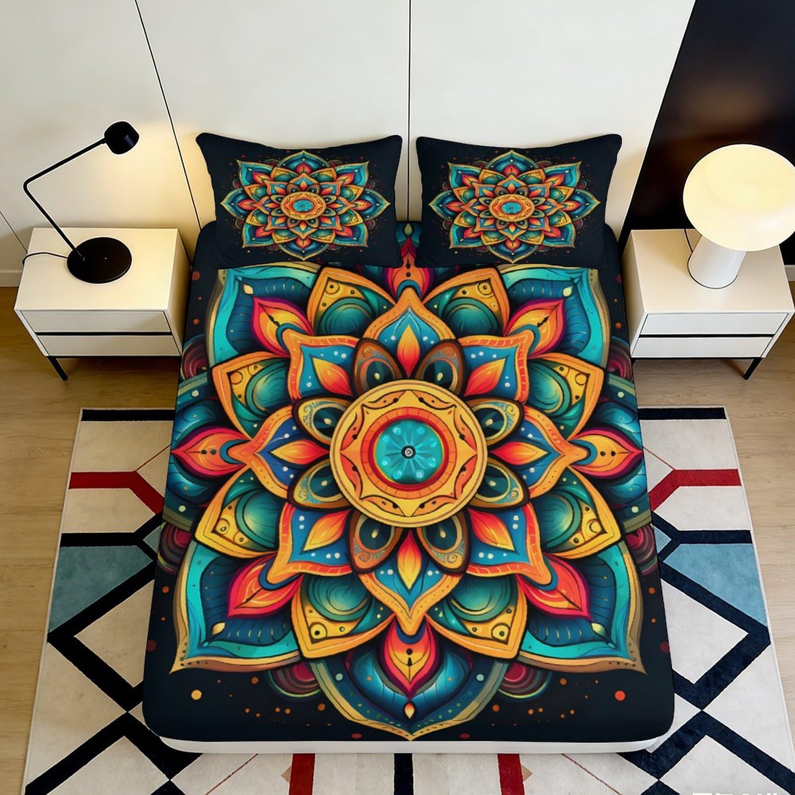 3D Printed Mandala Art Fitted Sheet Microfiber Soft Colorful Lotus Mattress Cover for Bedroom Guest Room Decor 90x200x25cm
