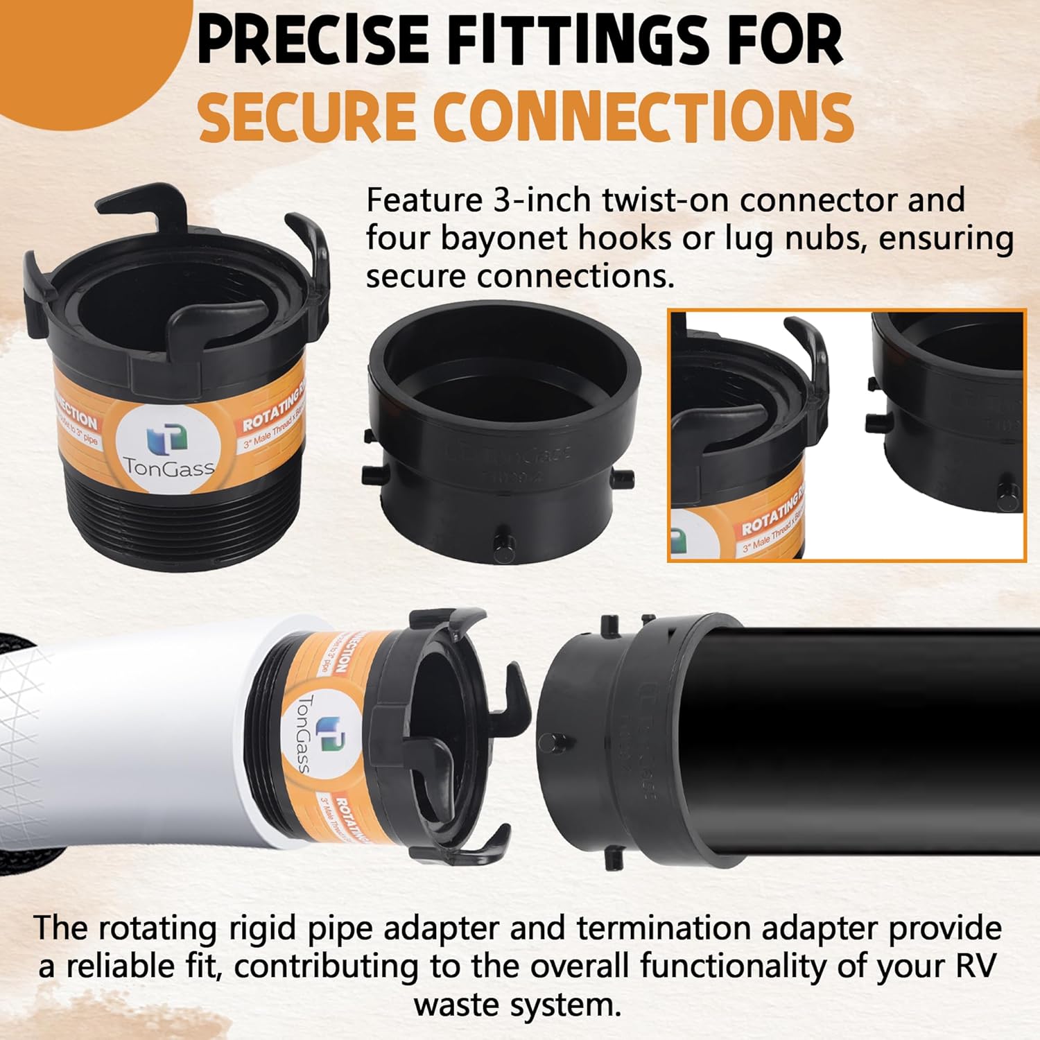 TonGass (2 x Combo Pack, Black) RV Sewer Pipe Adapter, 3" Rotating Rigid Bayonet Adapter with Male Thread & Hooks, Termination Fitting with 3" Bayonet & Hub, RV Sewer Hose Connector for Waste Disposal
